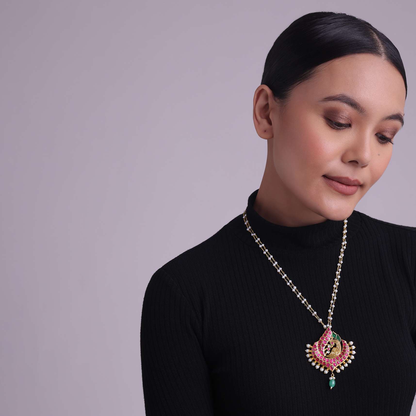 Kundan Pendant Mala With Ruby Onyx Stones And Pearls - Image 2