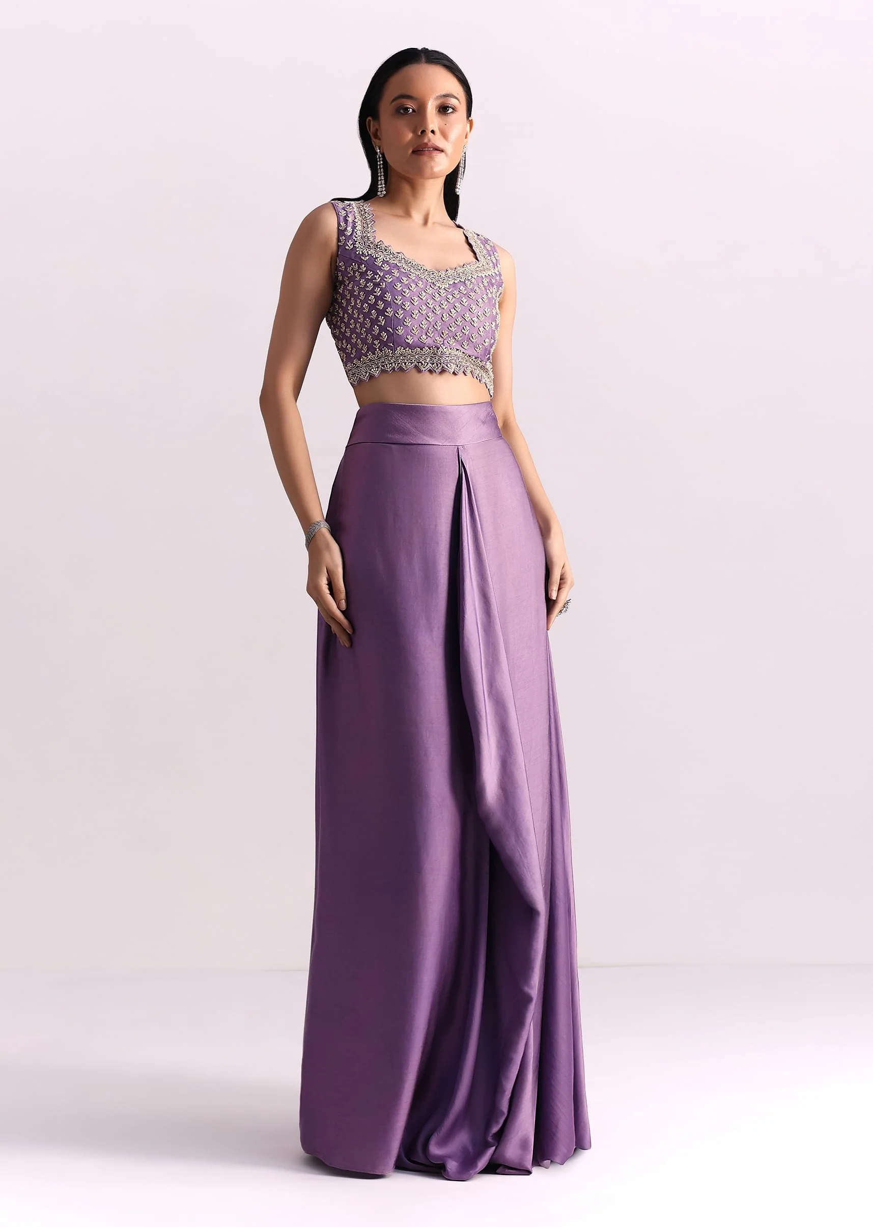 Lavendar Embroidered Crop Top And Sequin Work Jacket With Draped Skirt - Image 5