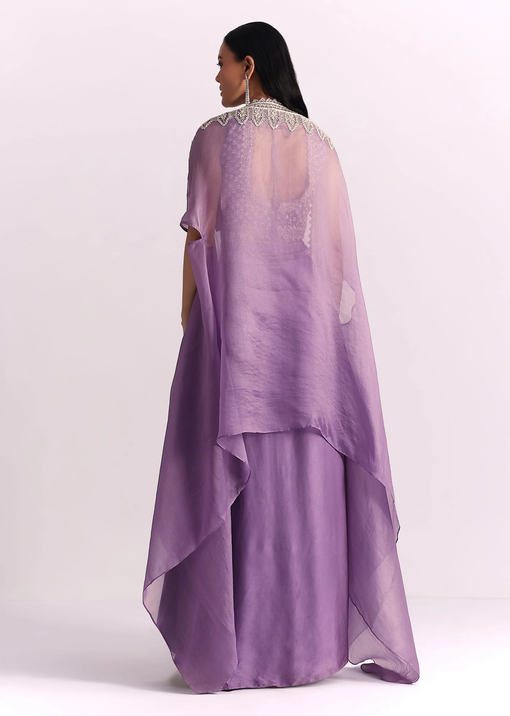 Lavendar Embroidered Crop Top And Sequin Work Jacket With Draped Skirt - Image 6