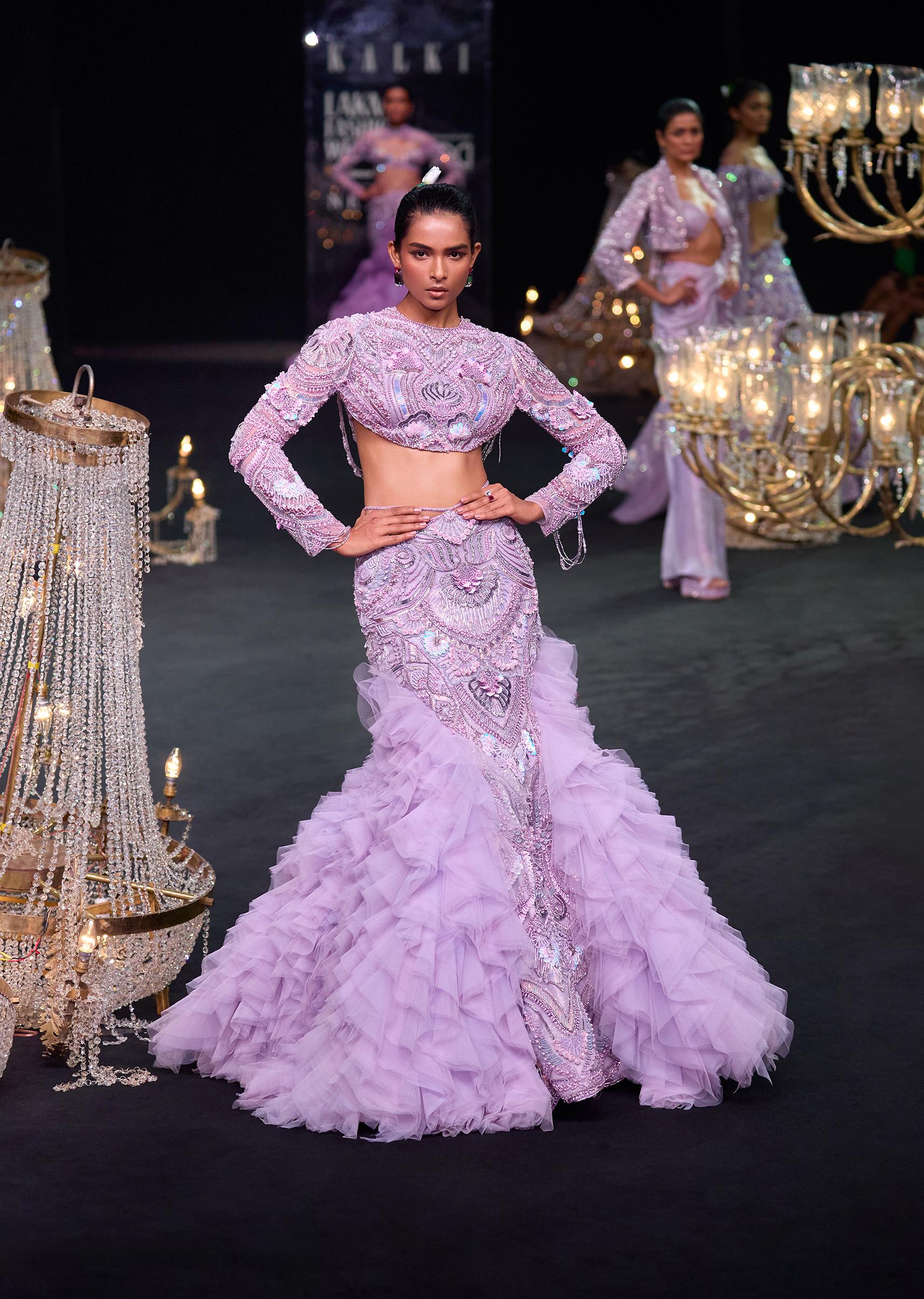 Lavender 3D Ruffle Fish Cut Skirt And Crystal Blouse Set - Image 8