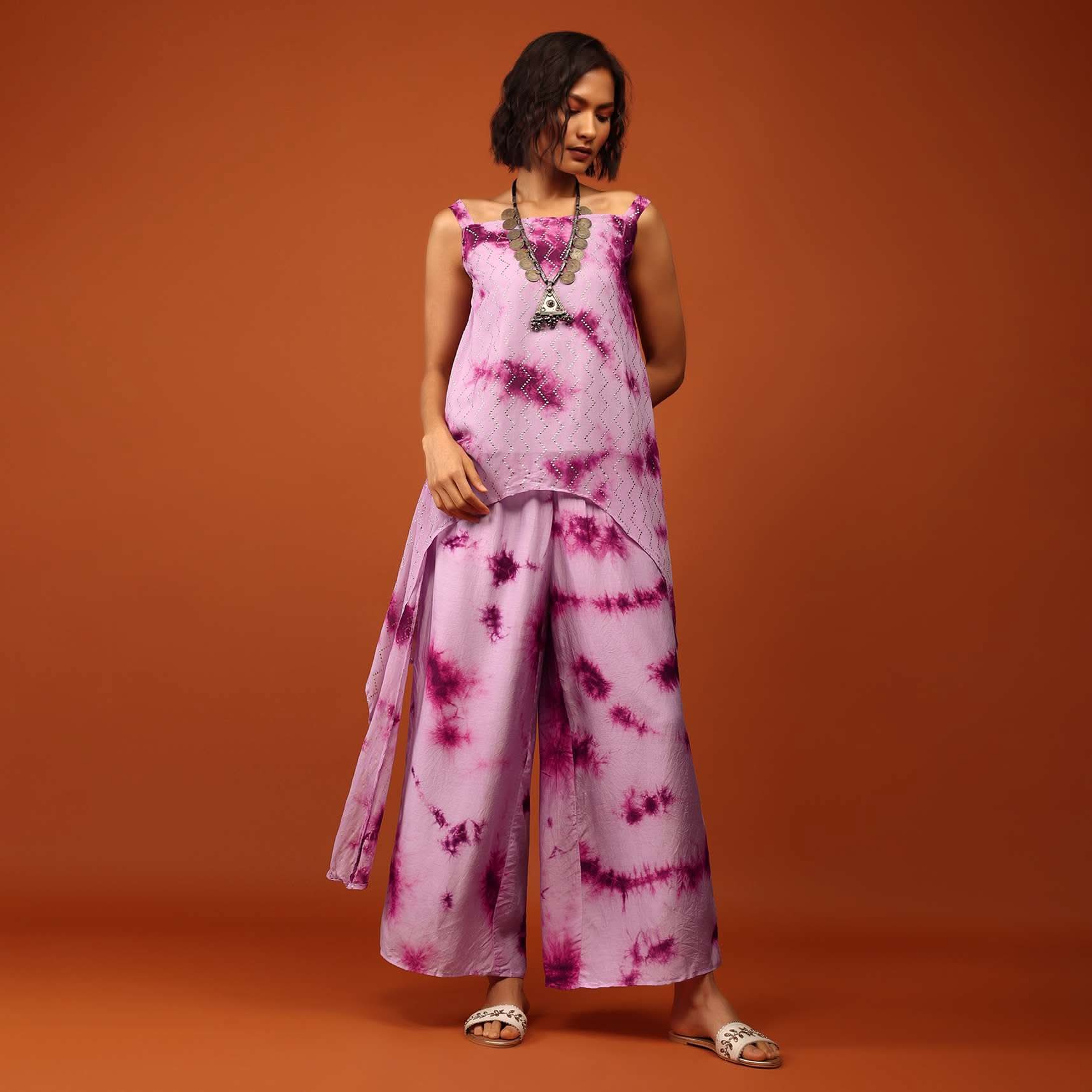 Lavender And Plum Purple Tie Dye Print Top & Bottom Set Embellished In Georgette - Image 3