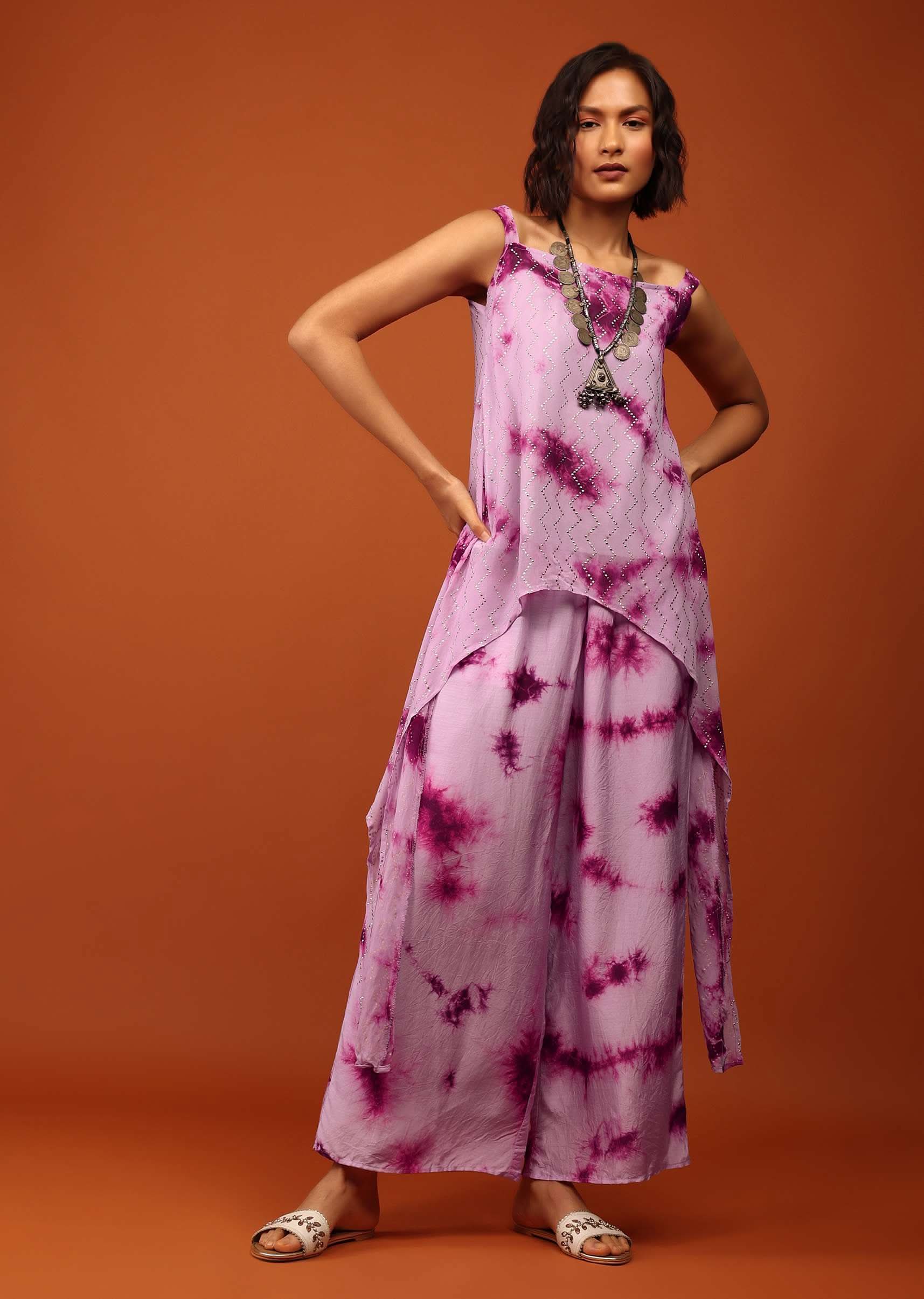 Lavender And Plum Purple Tie Dye Print Top & Bottom Set Embellished In Georgette - Image 4