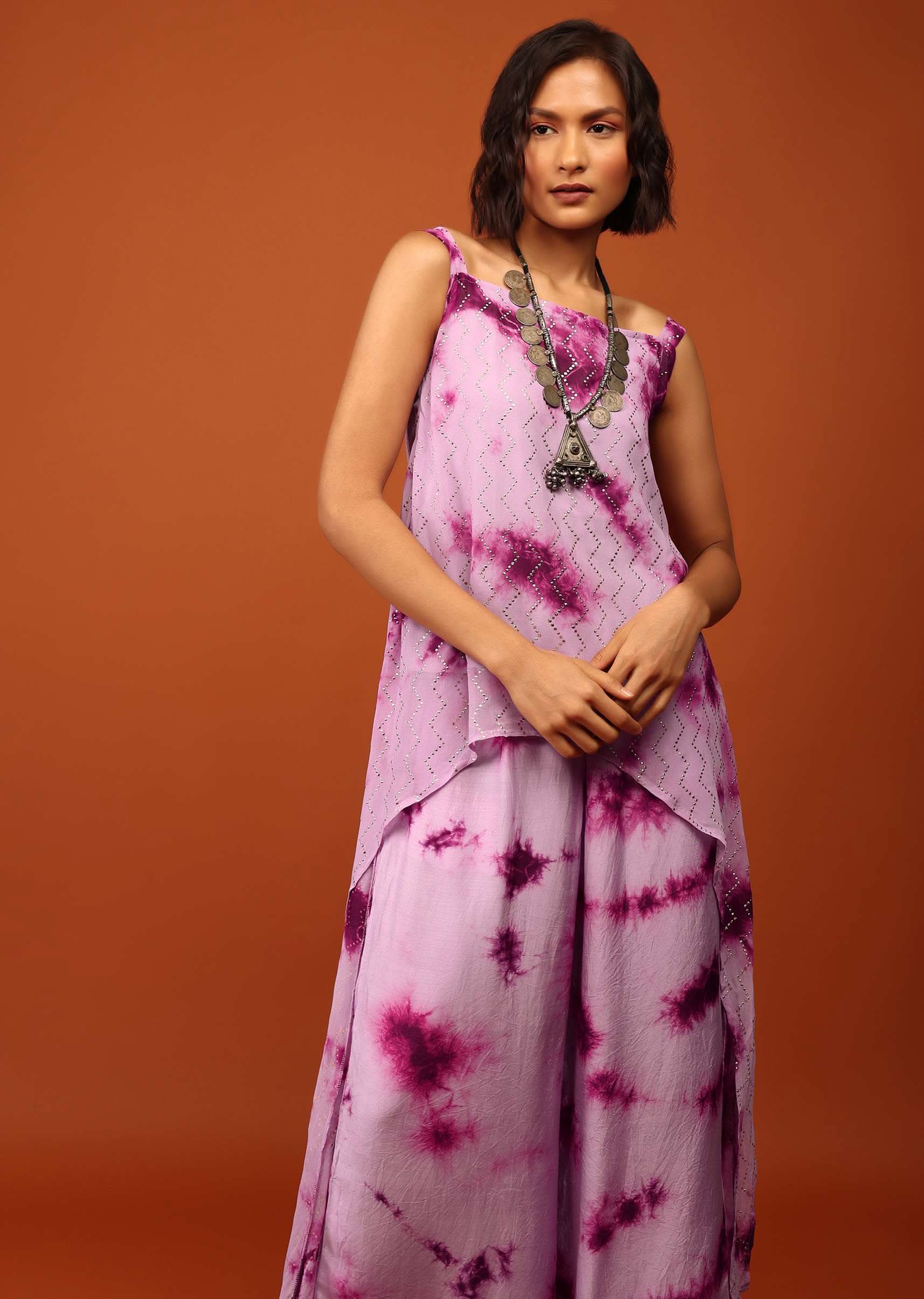 Lavender And Plum Purple Tie Dye Print Top & Bottom Set Embellished In Georgette - Image 5