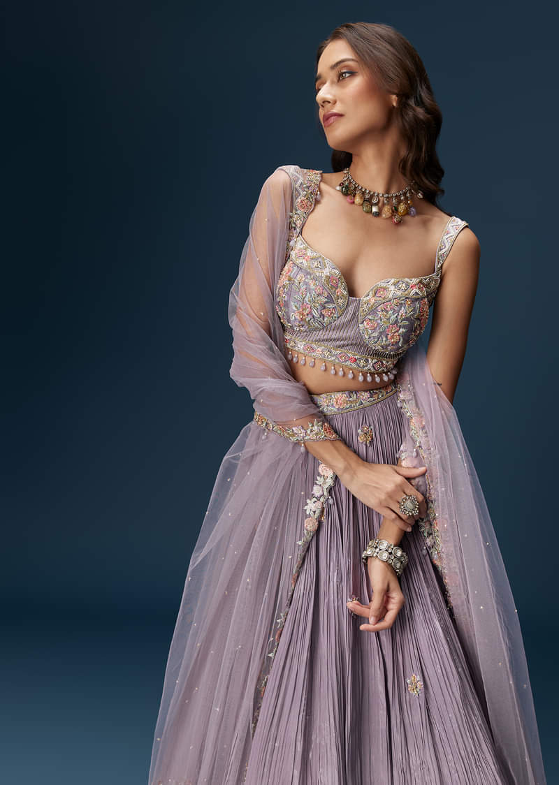 Lavender Bridesmaid Lehenga With Sweetheart Neckline Blouse And Embroidered Dupatta - Image 5