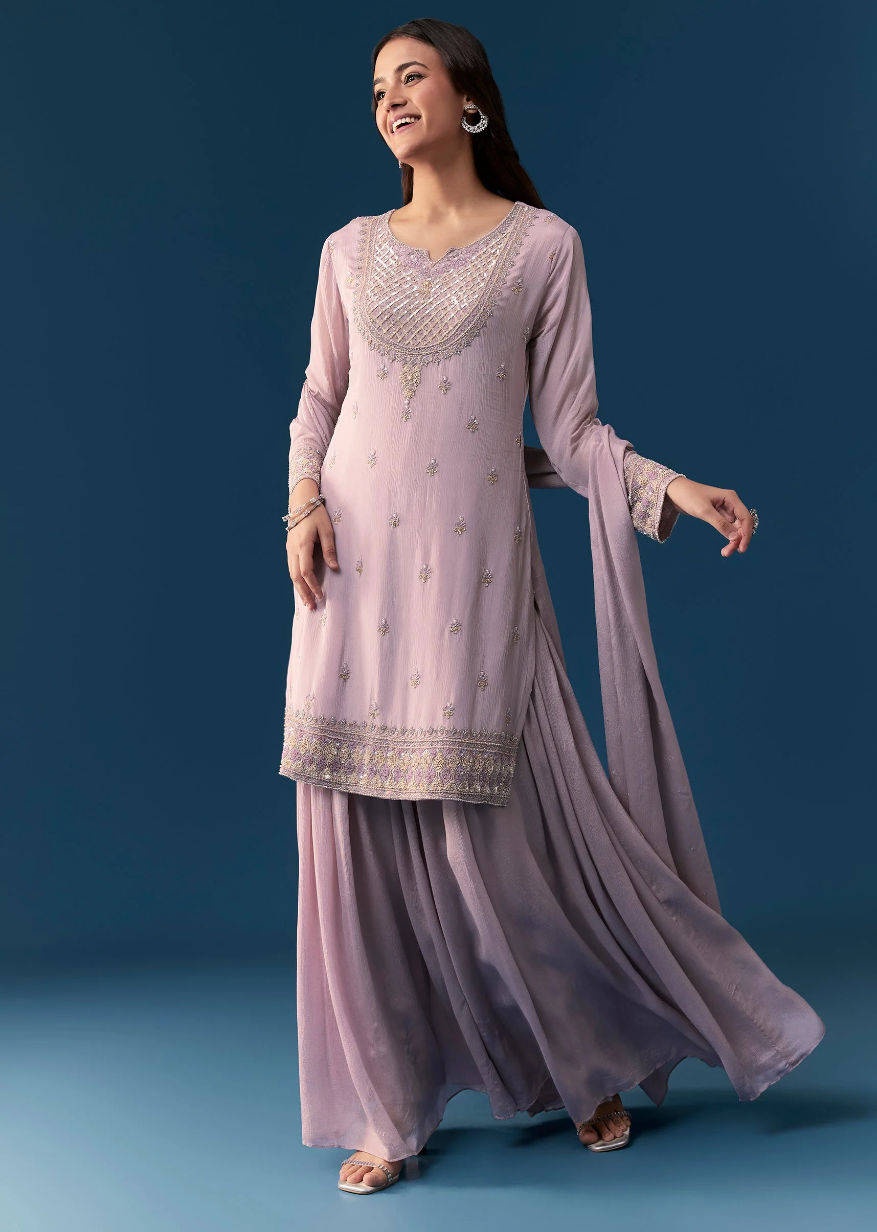 Lavender Chinon Palazzo Set With Sequins And Stone Work.