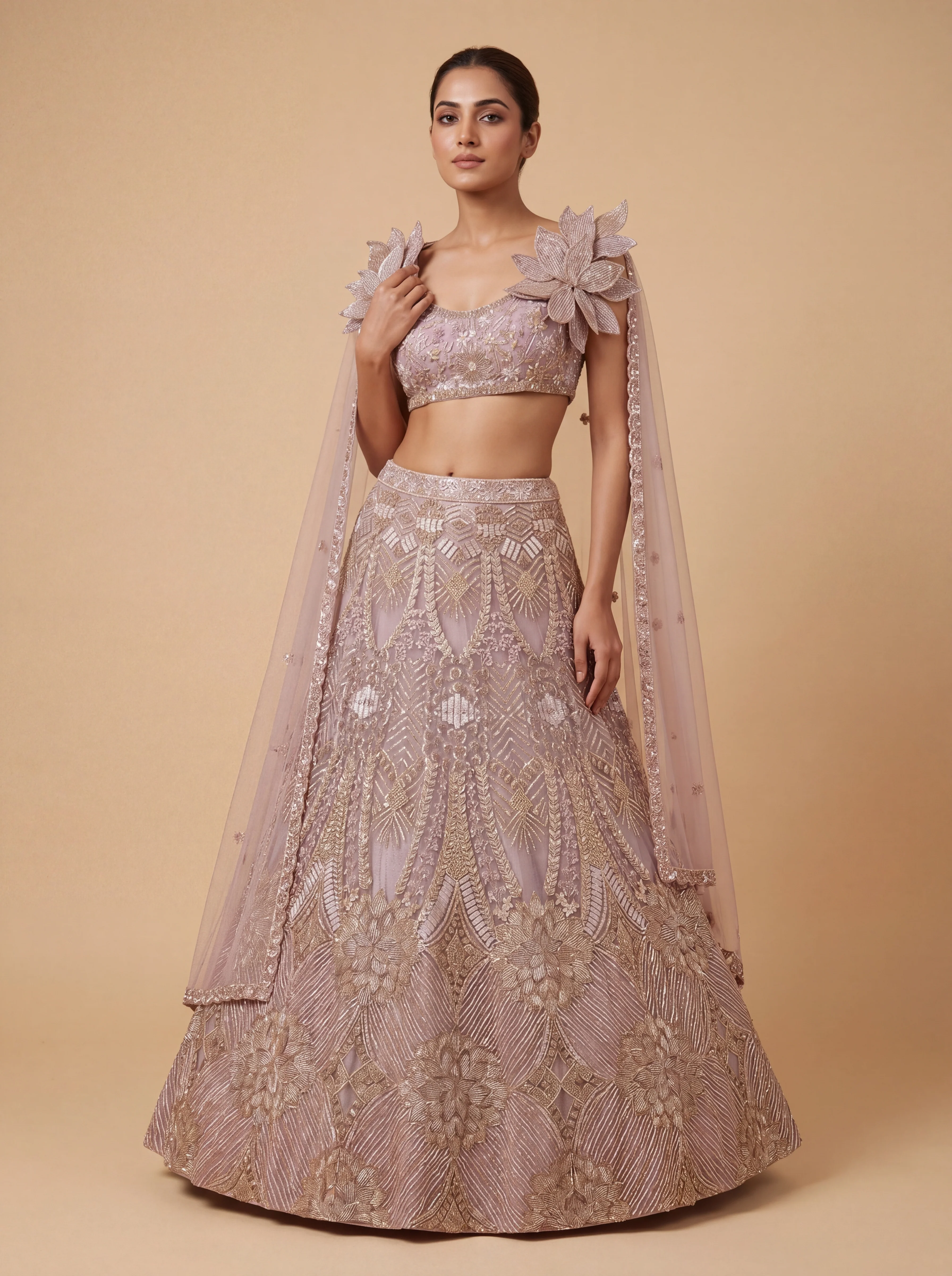 Lavender Contemporary Bridal Lehenga With Sheer Embroidered Skirt
