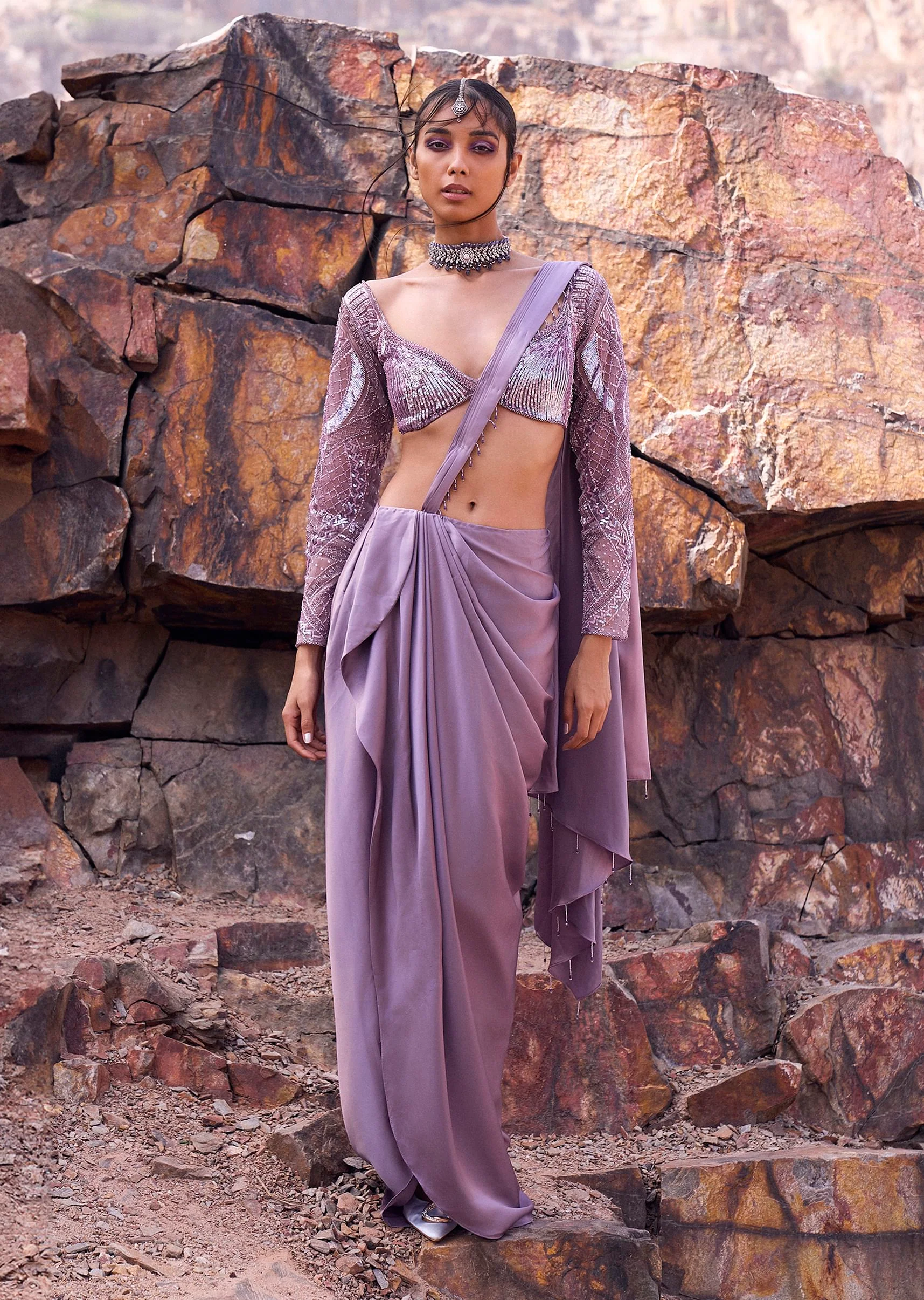 Lavender Draped Skirt With Pleated Pallu And Blouse - Image 2