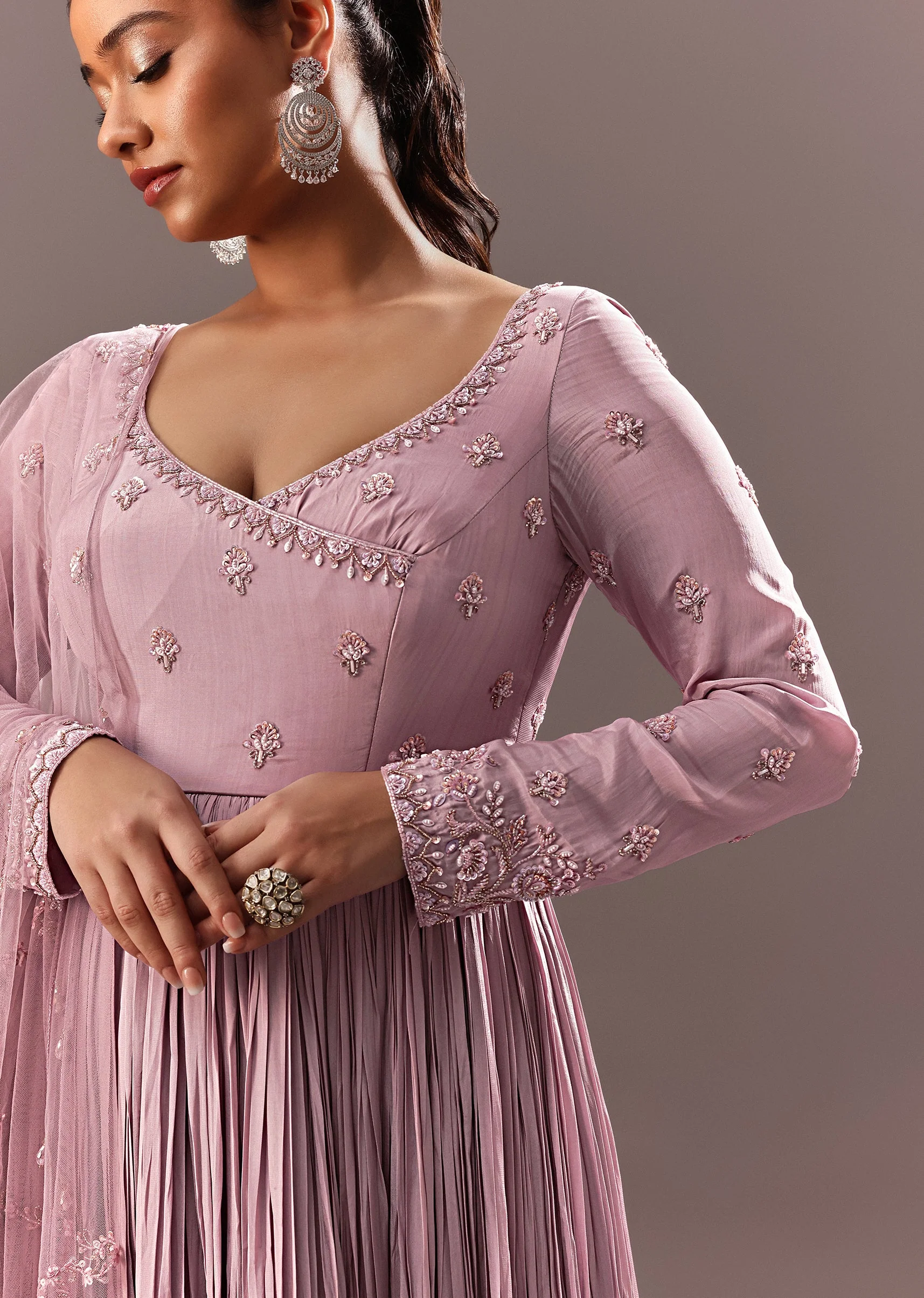 Lavender Embroidered Anarkali Suit With Organza Dupatta - Image 2