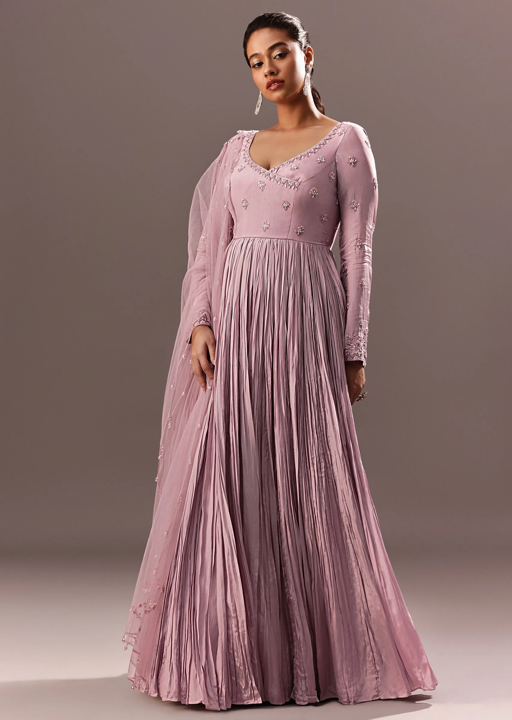 Lavender Embroidered Anarkali Suit With Organza Dupatta - Image 3