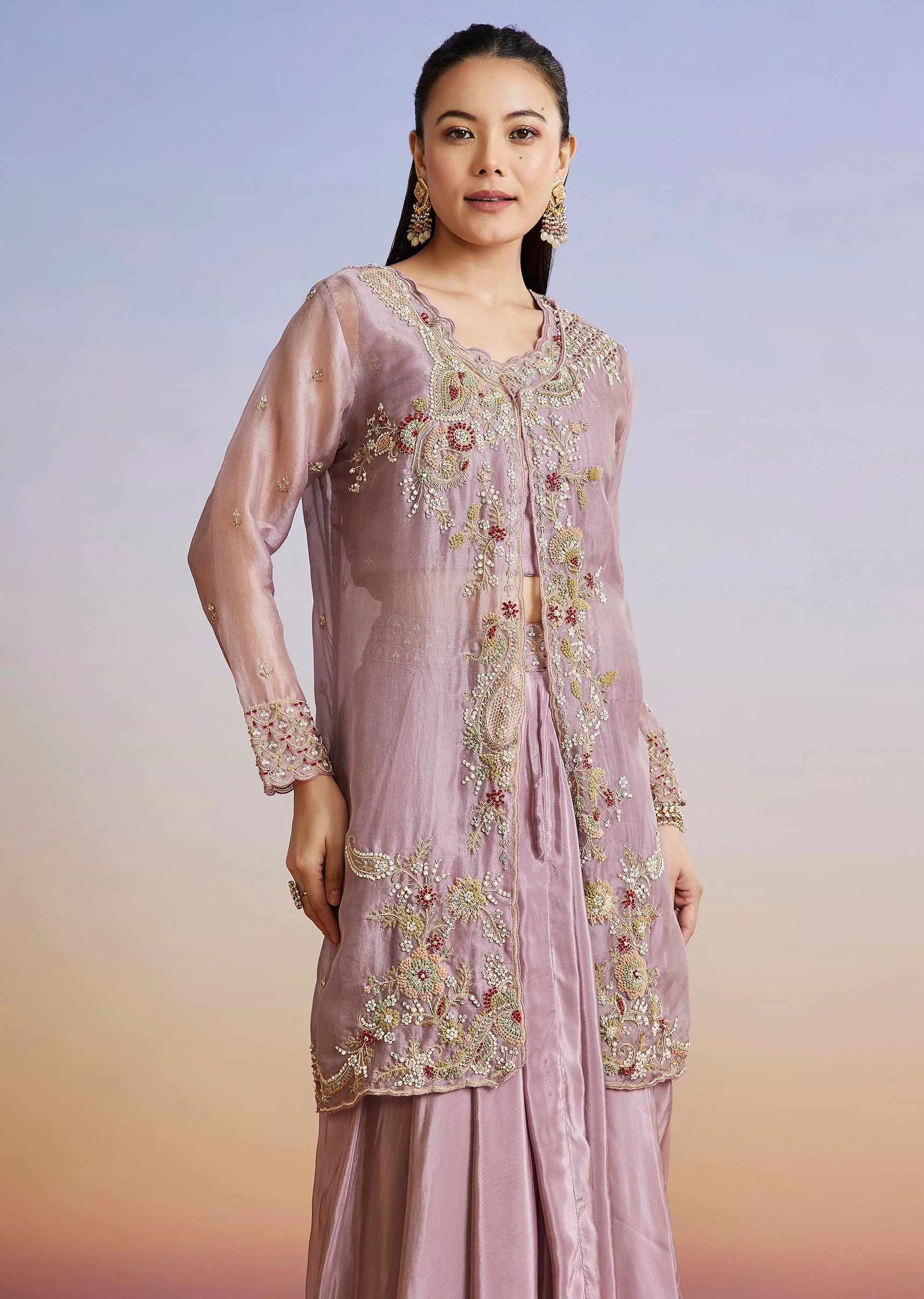 Lavender Embroidered Organza Jacket And Crepe Skirt Set - Image 2