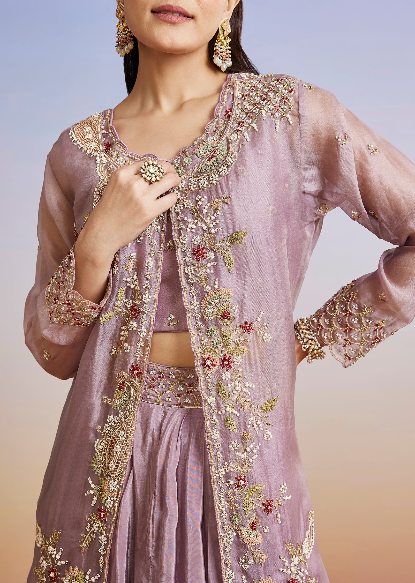 Lavender Embroidered Organza Jacket And Crepe Skirt Set - Image 3