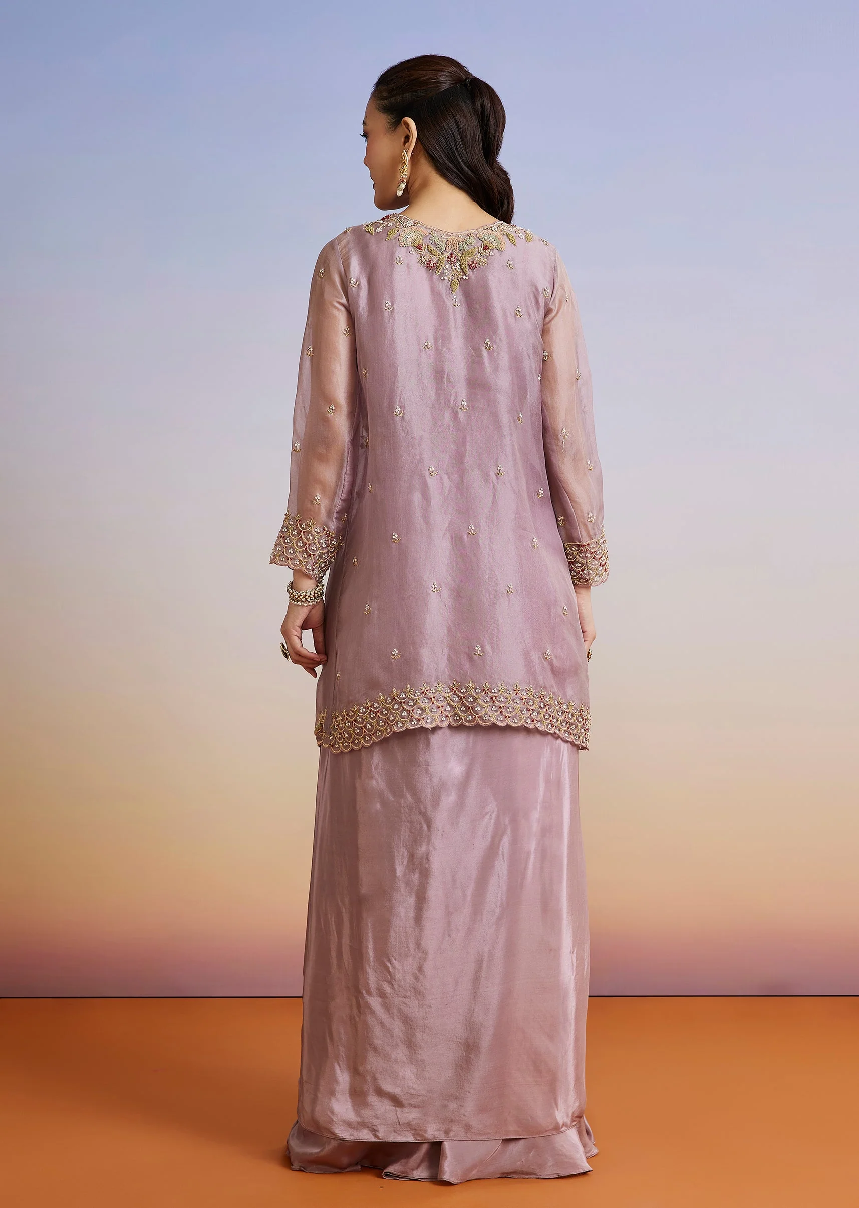 Lavender Embroidered Organza Jacket And Crepe Skirt Set - Image 4