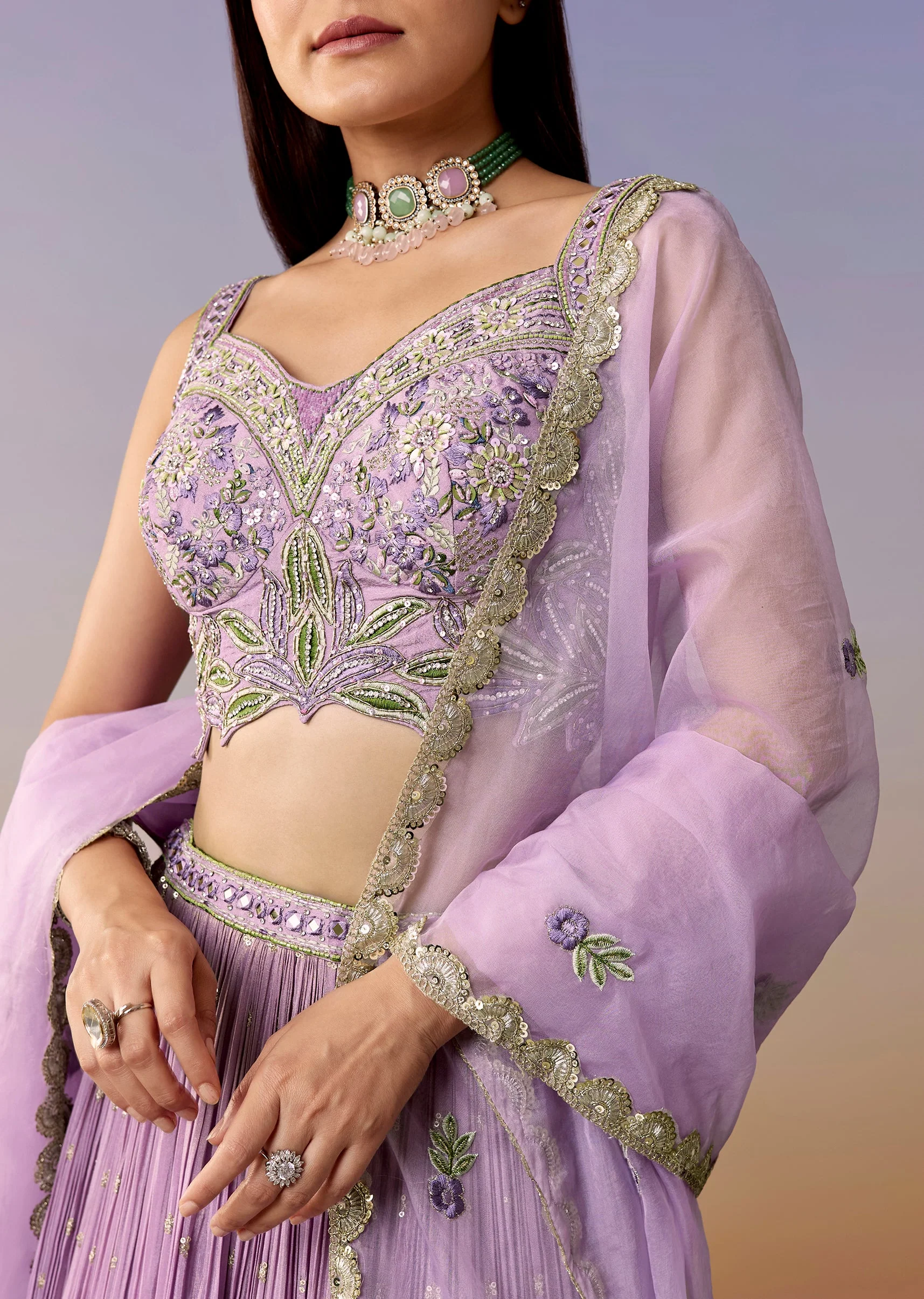 Lavender Embroidered Tissue Bridesmaid Lehenga Set - Image 3