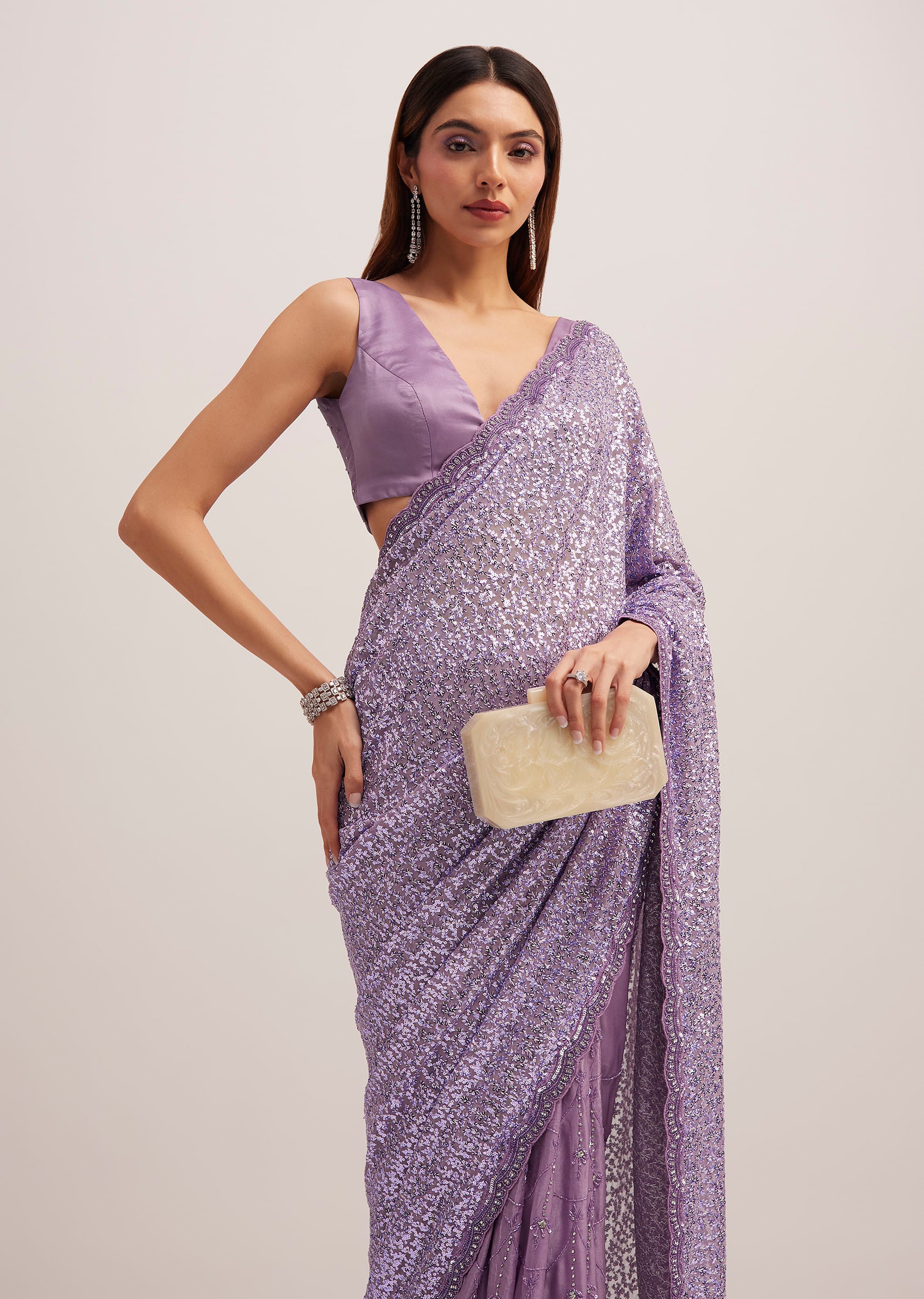 Lavender Half And Half Sequins Saree - Image 2