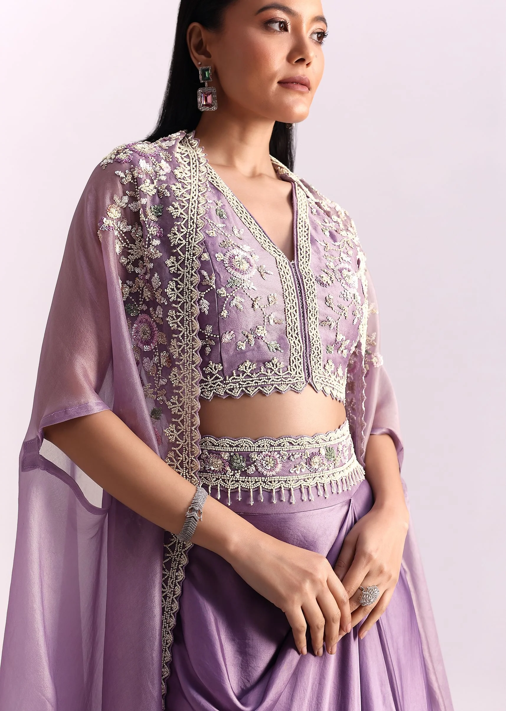 Lavender Moti Work Crop Top Suit Embroidered Jacket - Image 2