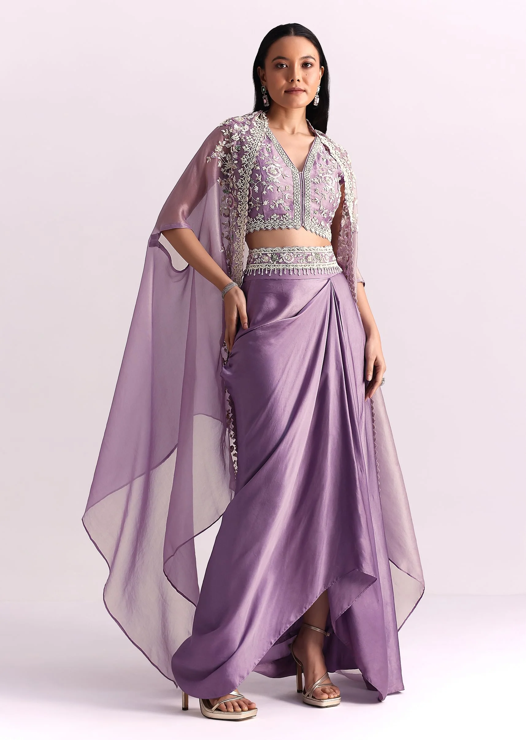 Lavender Moti Work Crop Top Suit Embroidered Jacket - Image 3