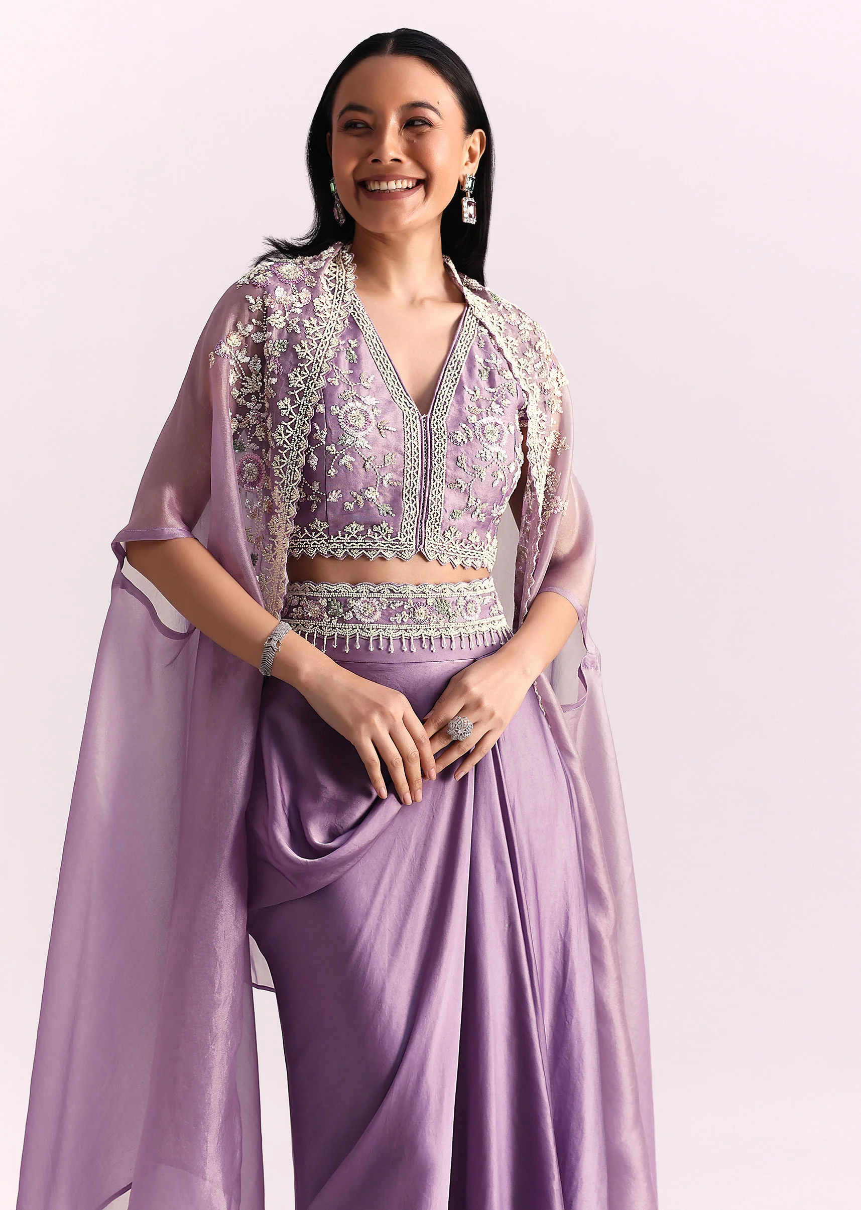 Lavender Moti Work Crop Top Suit Embroidered Jacket - Image 4