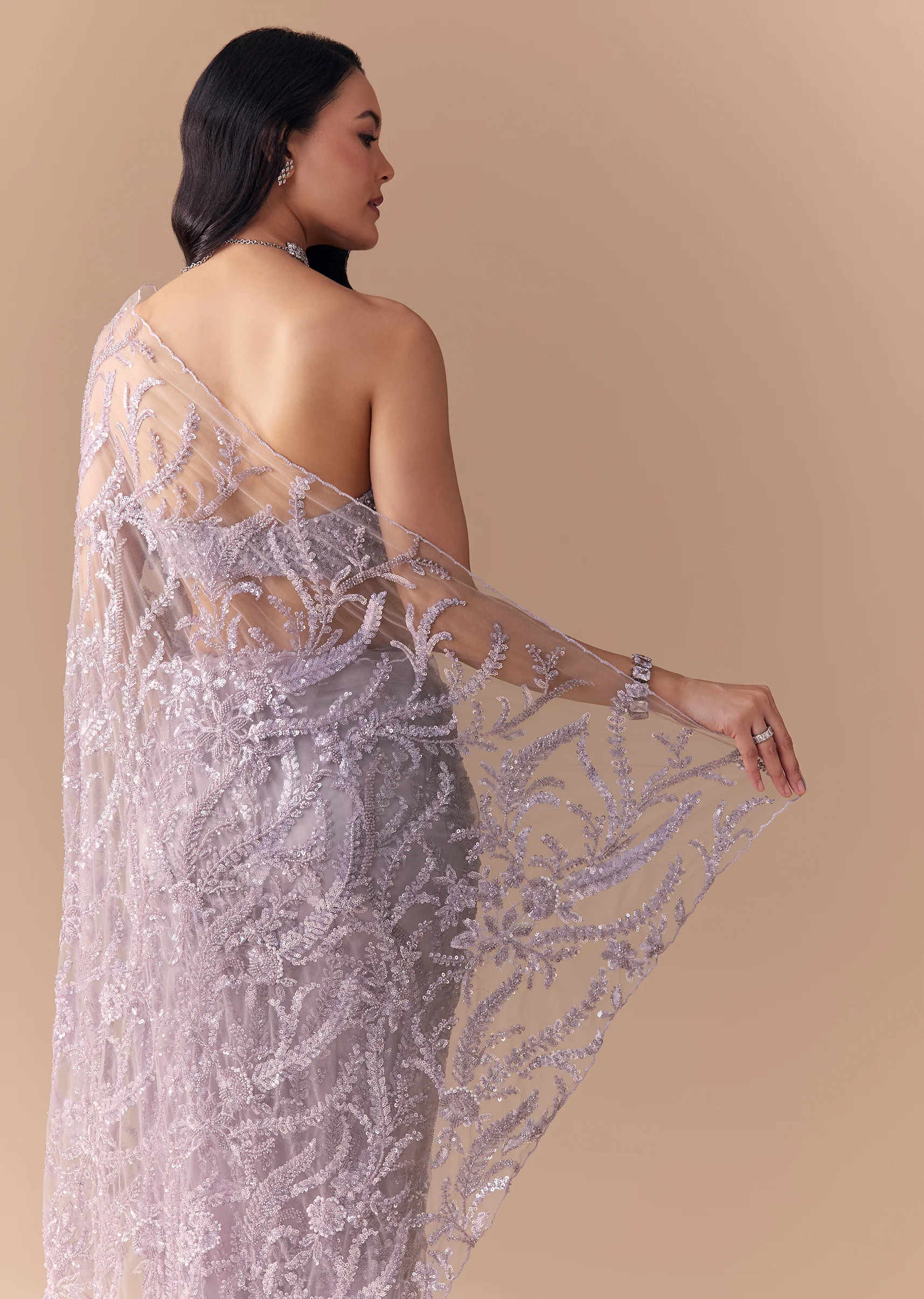 Lavender Net Floral Work Saree with Unstitched Blouse - Image 6