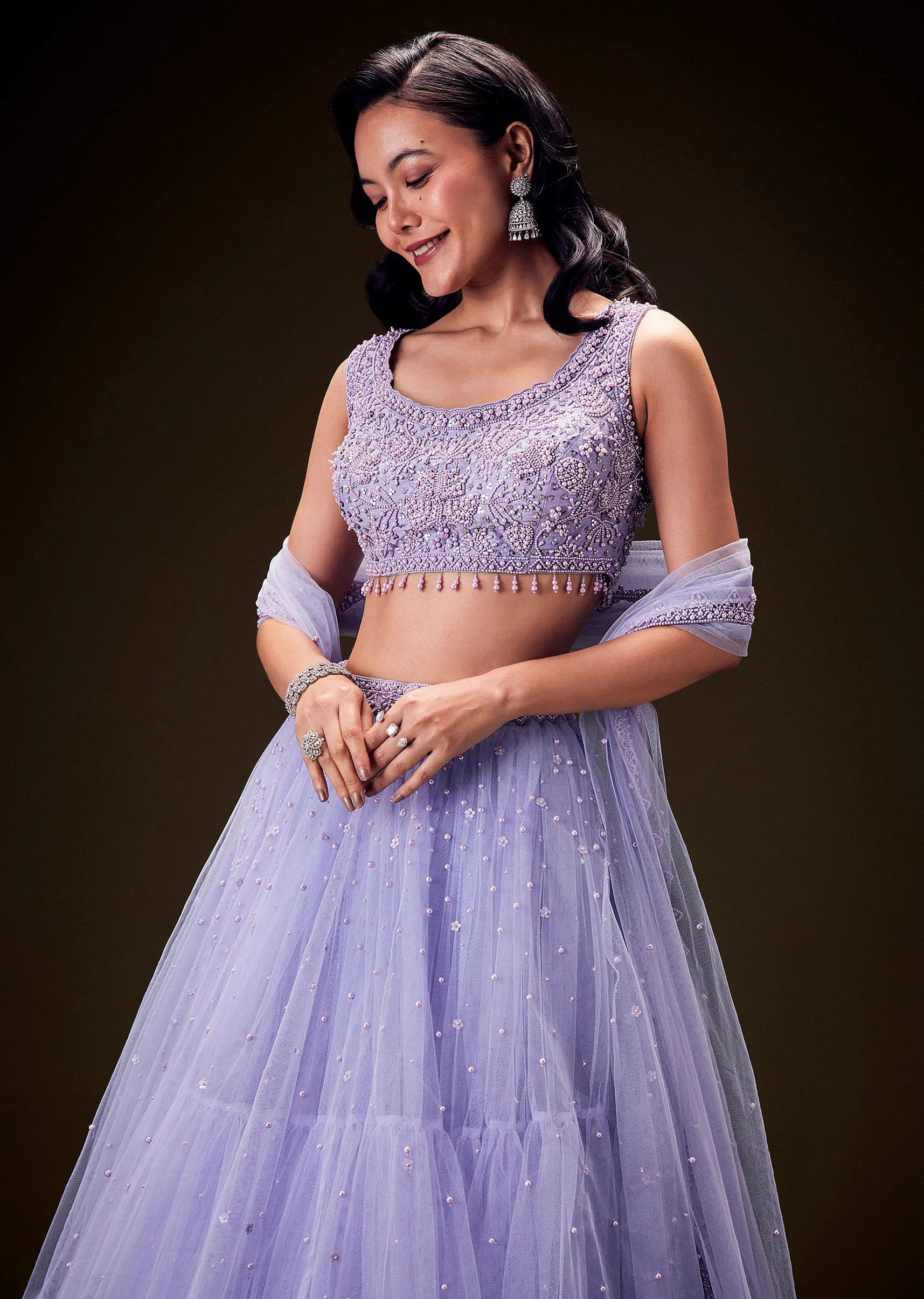 Lavender Net Hand Embroidered Pearl Work Lehenga Set - Image 2