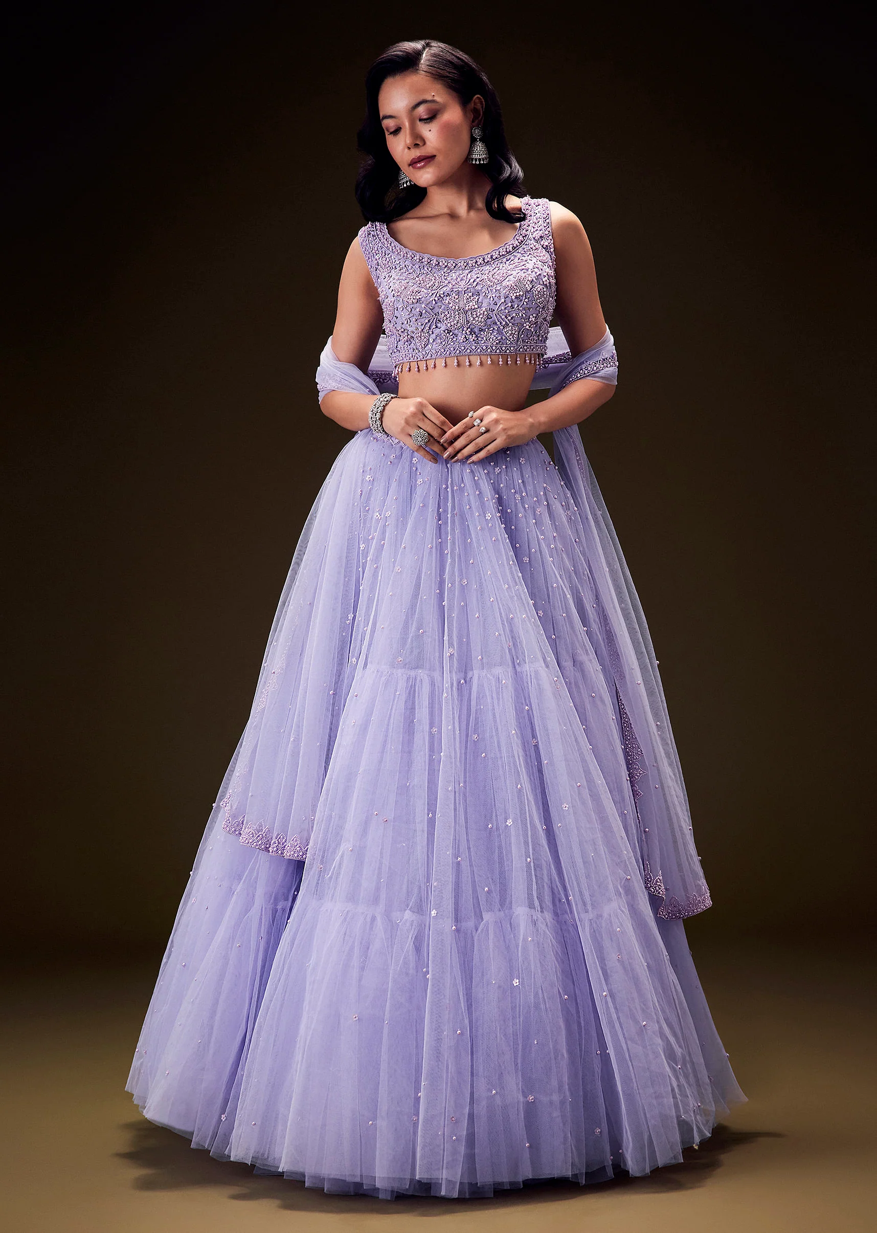 Lavender Net Hand Embroidered Pearl Work Lehenga Set - Image 3