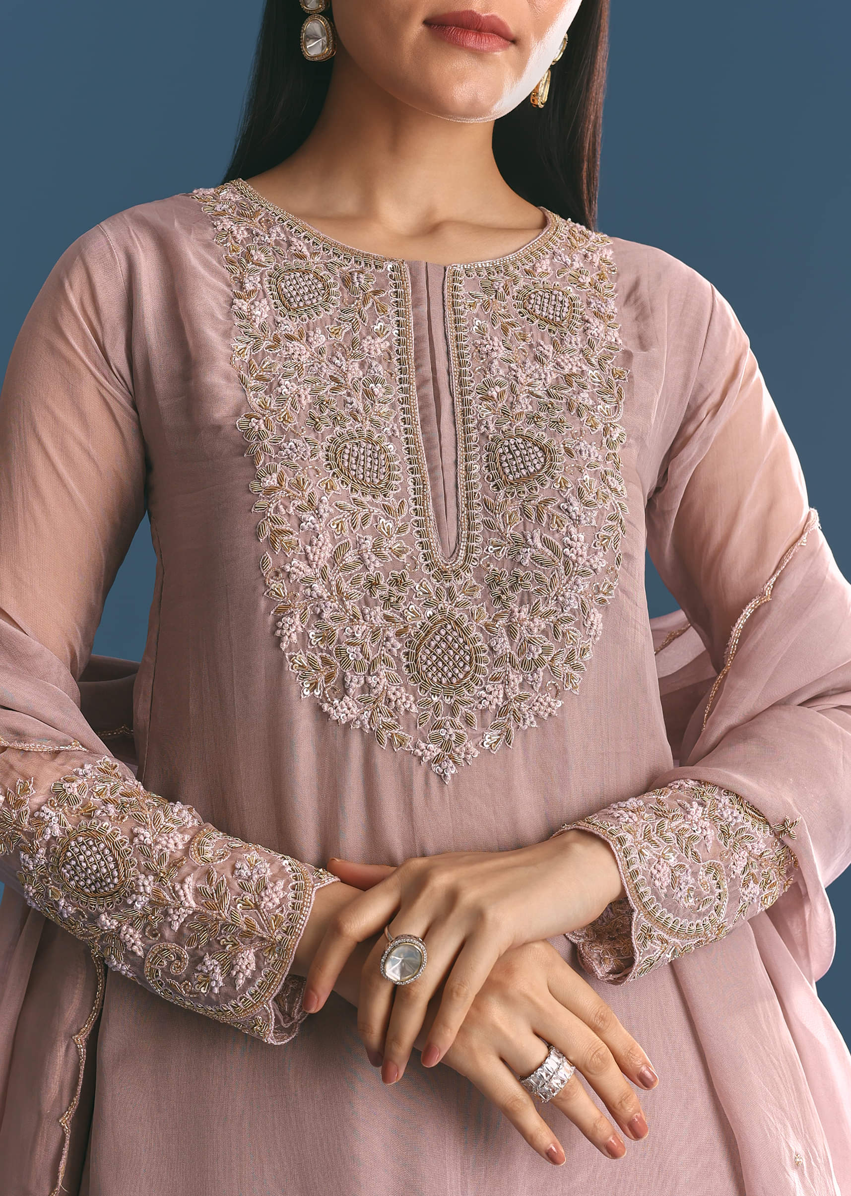 Lavender Organza Kurta Palazzo Suit With Zardosi Work - Image 2