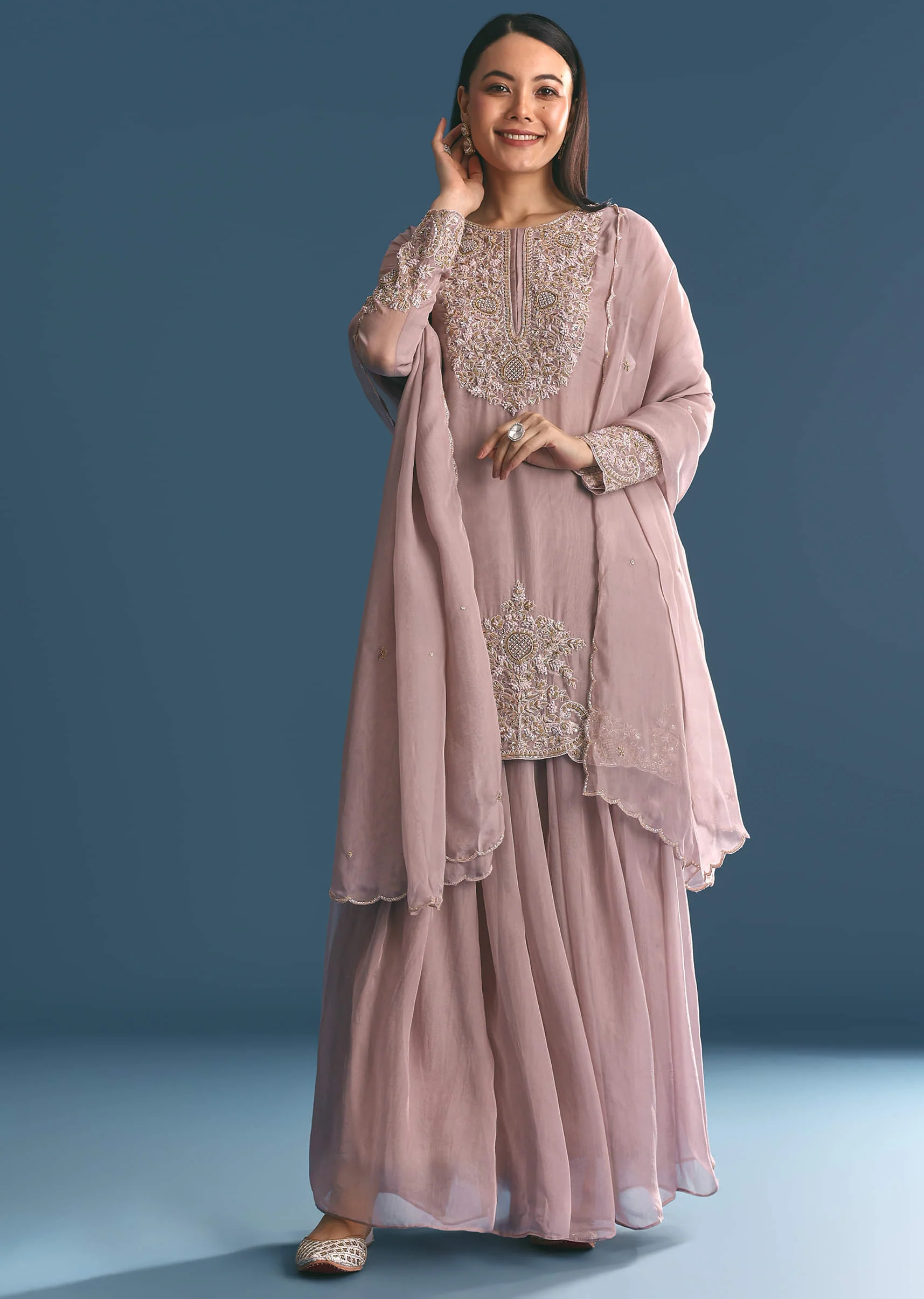 Lavender Organza Kurta Palazzo Suit With Zardosi Work - Image 3