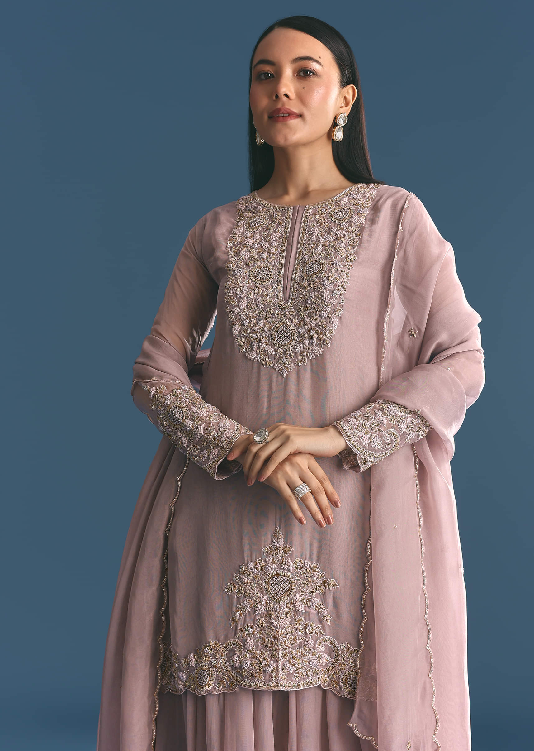 Lavender Organza Kurta Palazzo Suit With Zardosi Work - Image 4