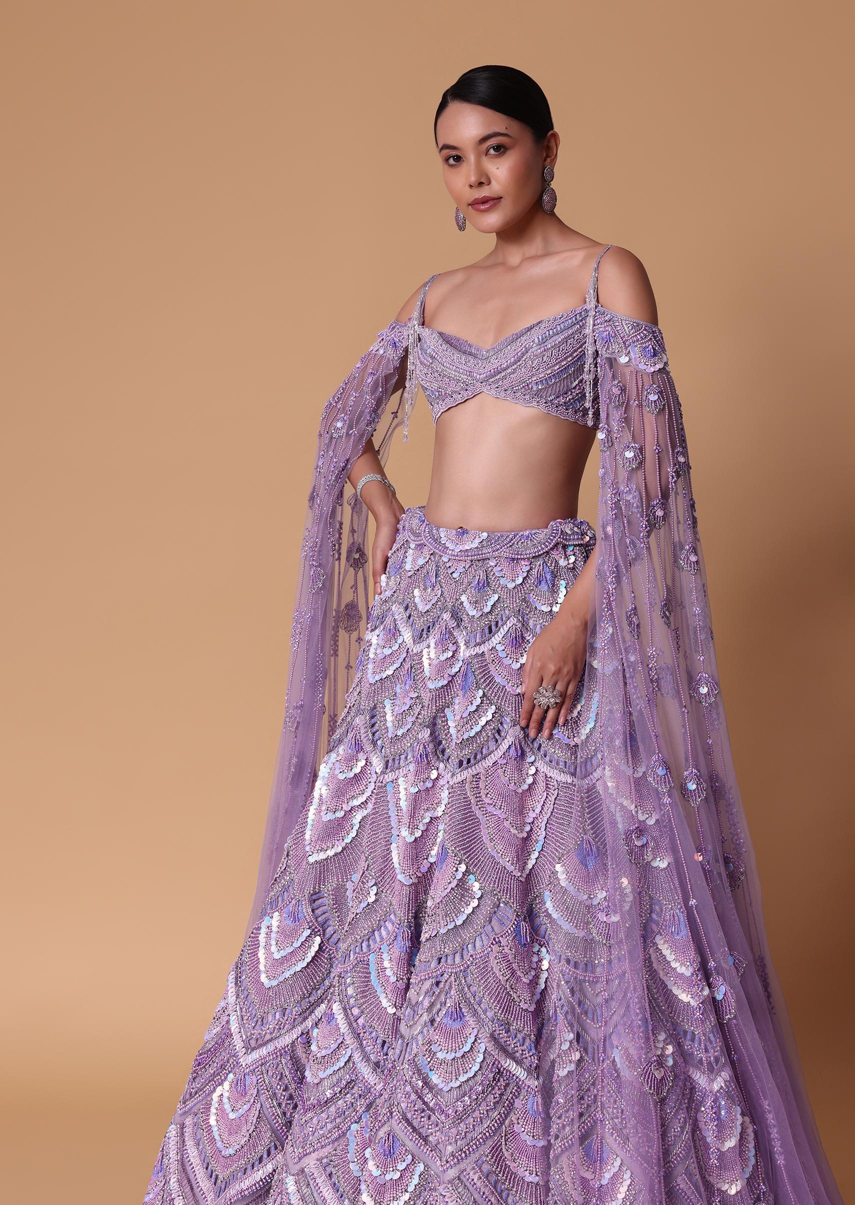Lavender Pearl Embellished Lehenga Wth Off Shoulder Draped Cape - Image 3