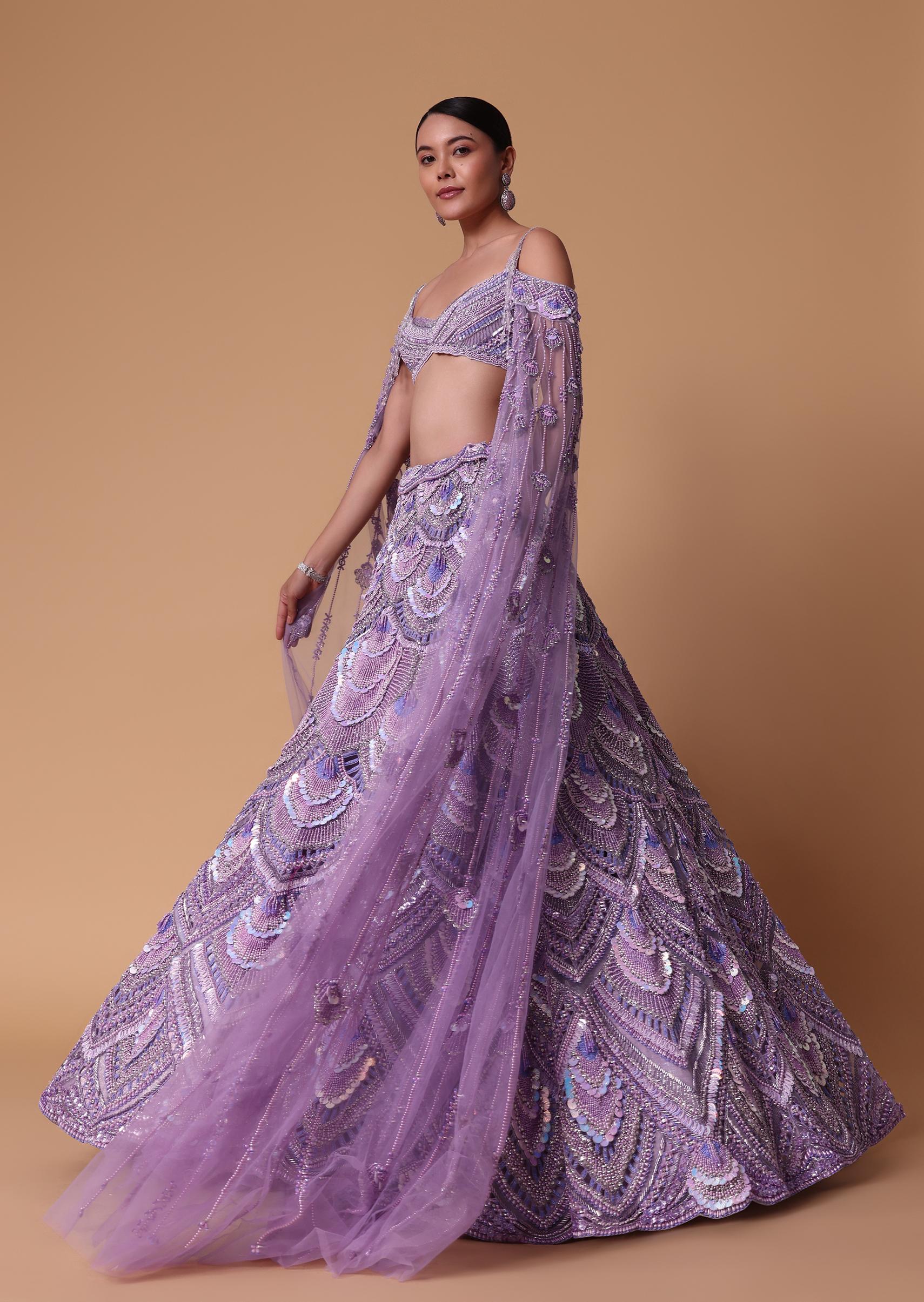 Lavender Pearl Embellished Lehenga Wth Off Shoulder Draped Cape - Image 5