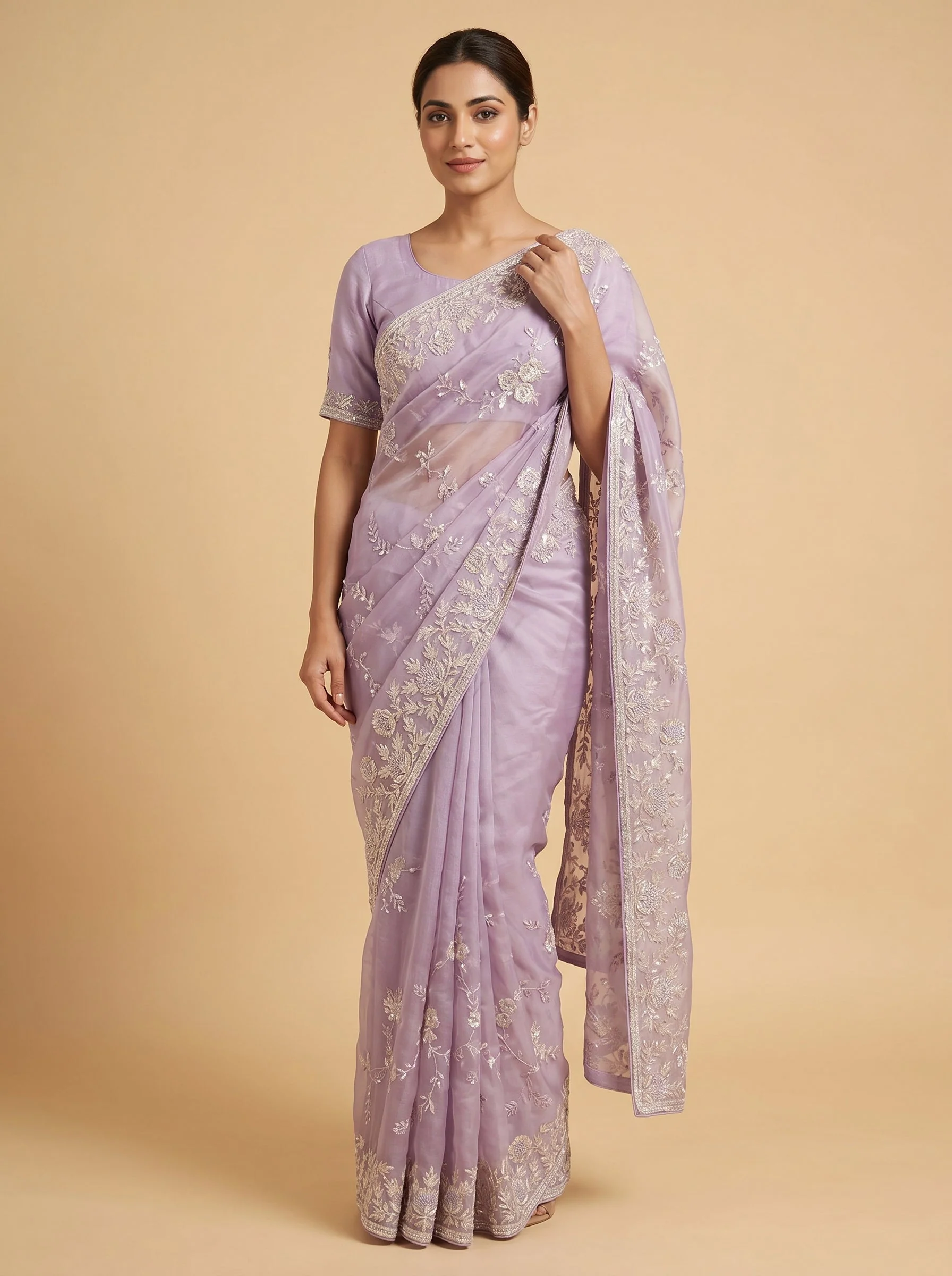 Lavender Powder Bloom Embroidered Saree