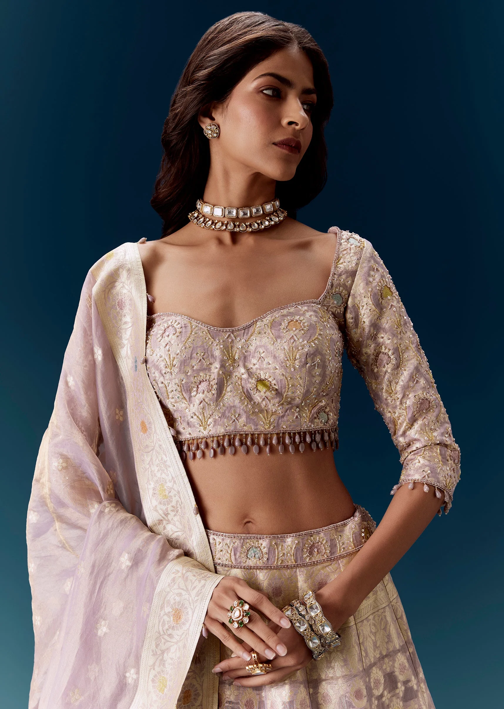 Lavender Purple Banarasi Embroidered Bridal Lehenga And Dupatta - Image 3