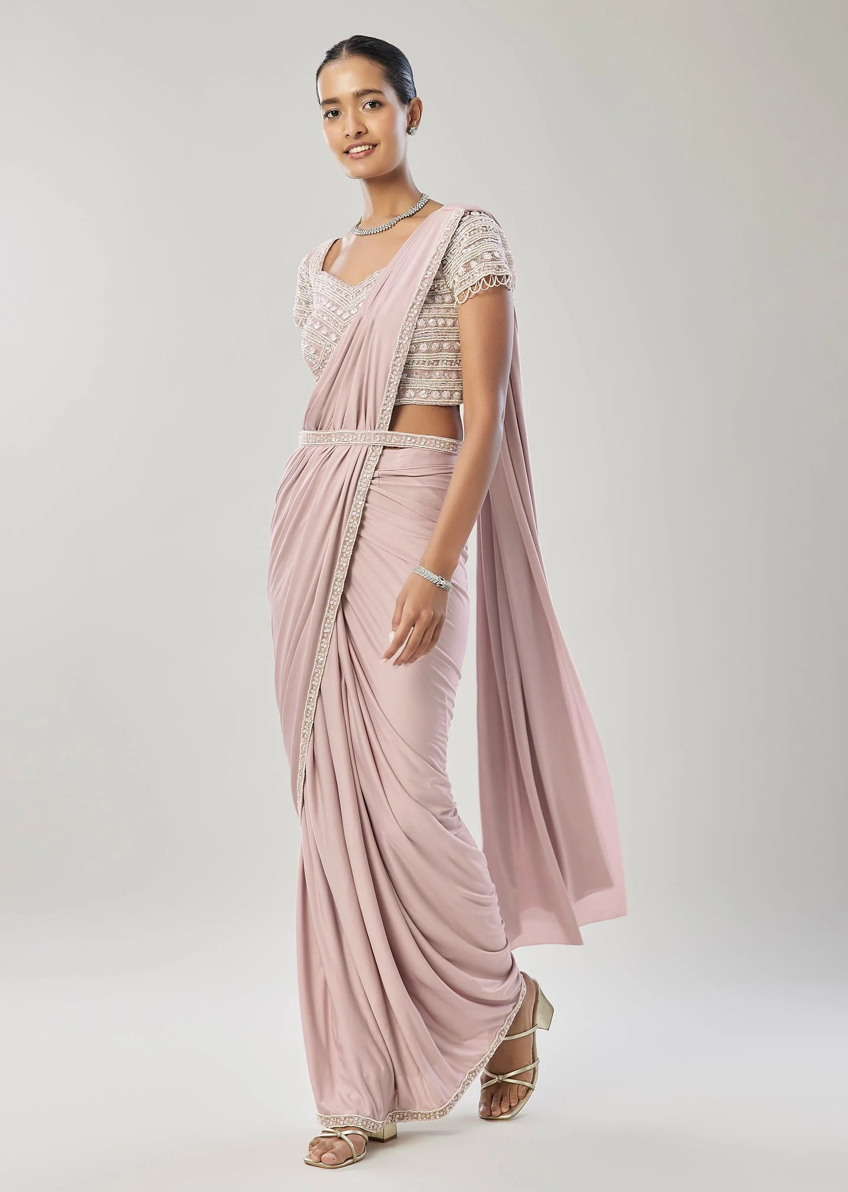 Lavender Ready Pleated Saree With Belt - Image 3