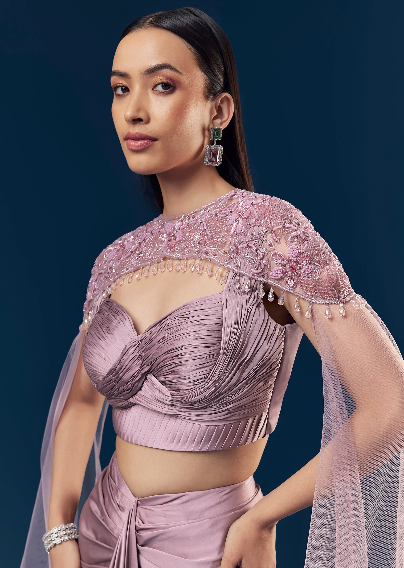 Lavender Satin Crop Top And Draped Skirt Set With Purple Pleated Embroidered Blouse And Cape With Cut Dana And Bead Detailing - Image 3