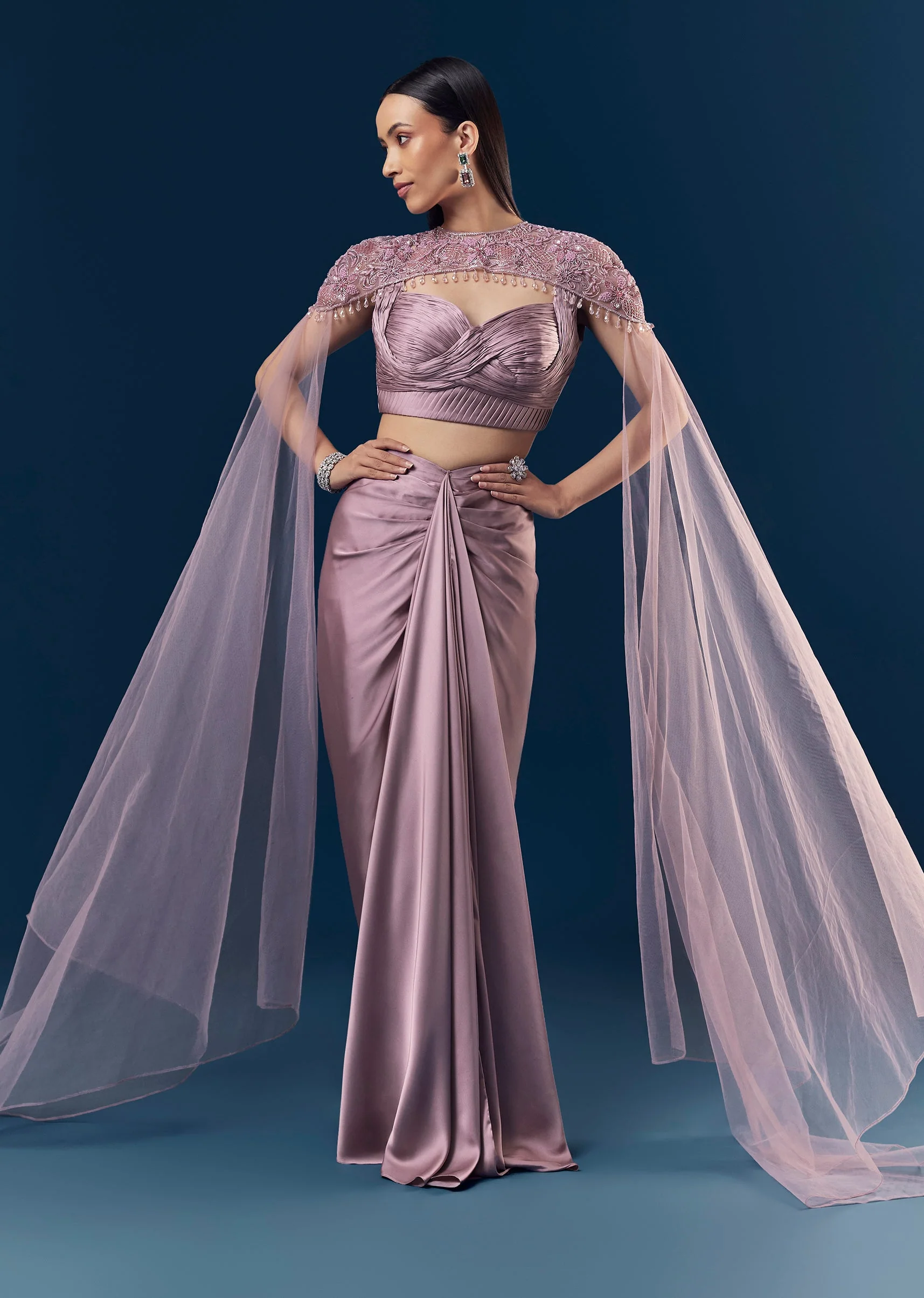 Lavender Satin Crop Top And Draped Skirt Set With Purple Pleated Embroidered Blouse And Cape With Cut Dana And Bead Detailing - Image 4