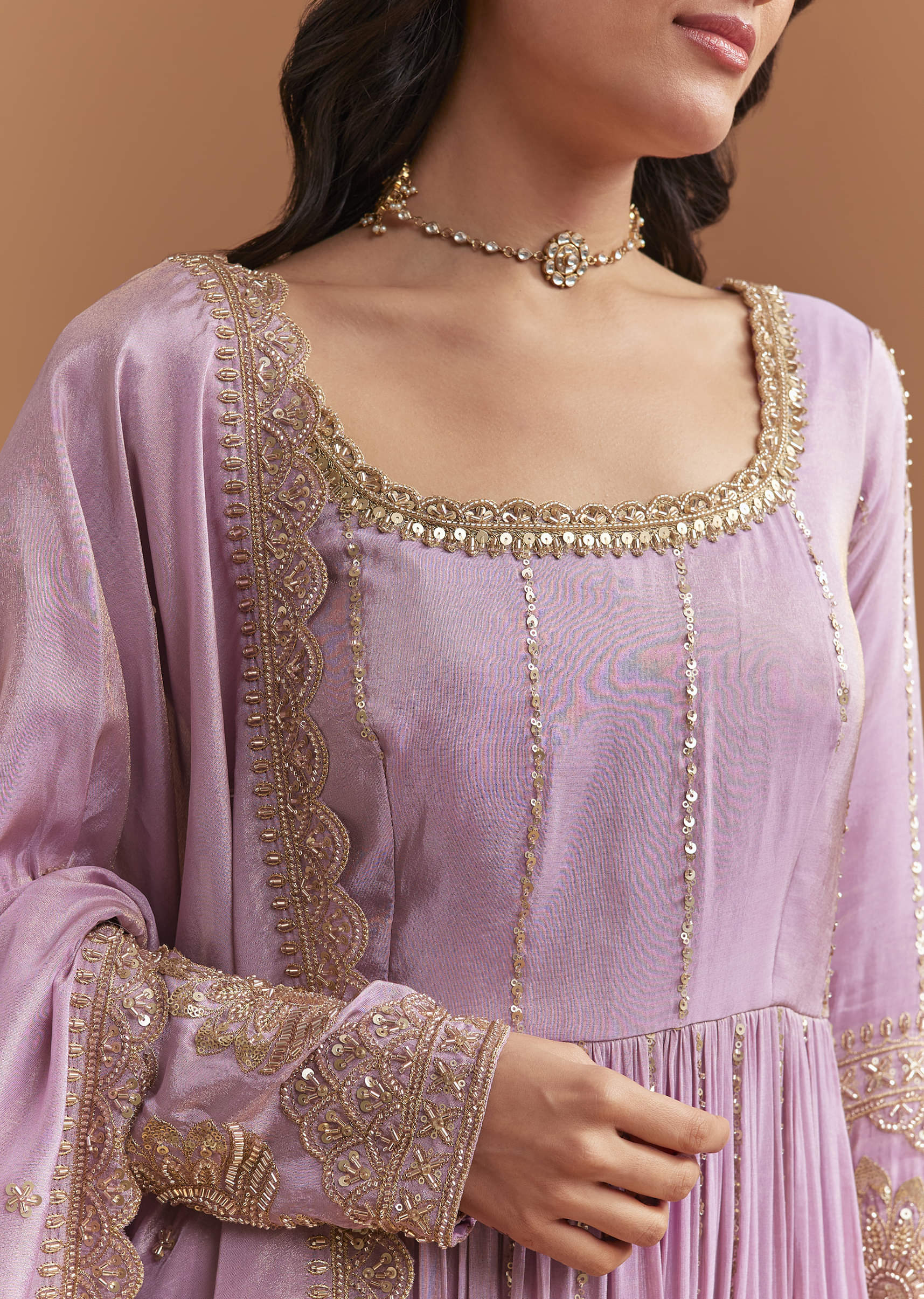 Lavender Tissue Anarkali Suit With Sequins And Beads Work - Image 2