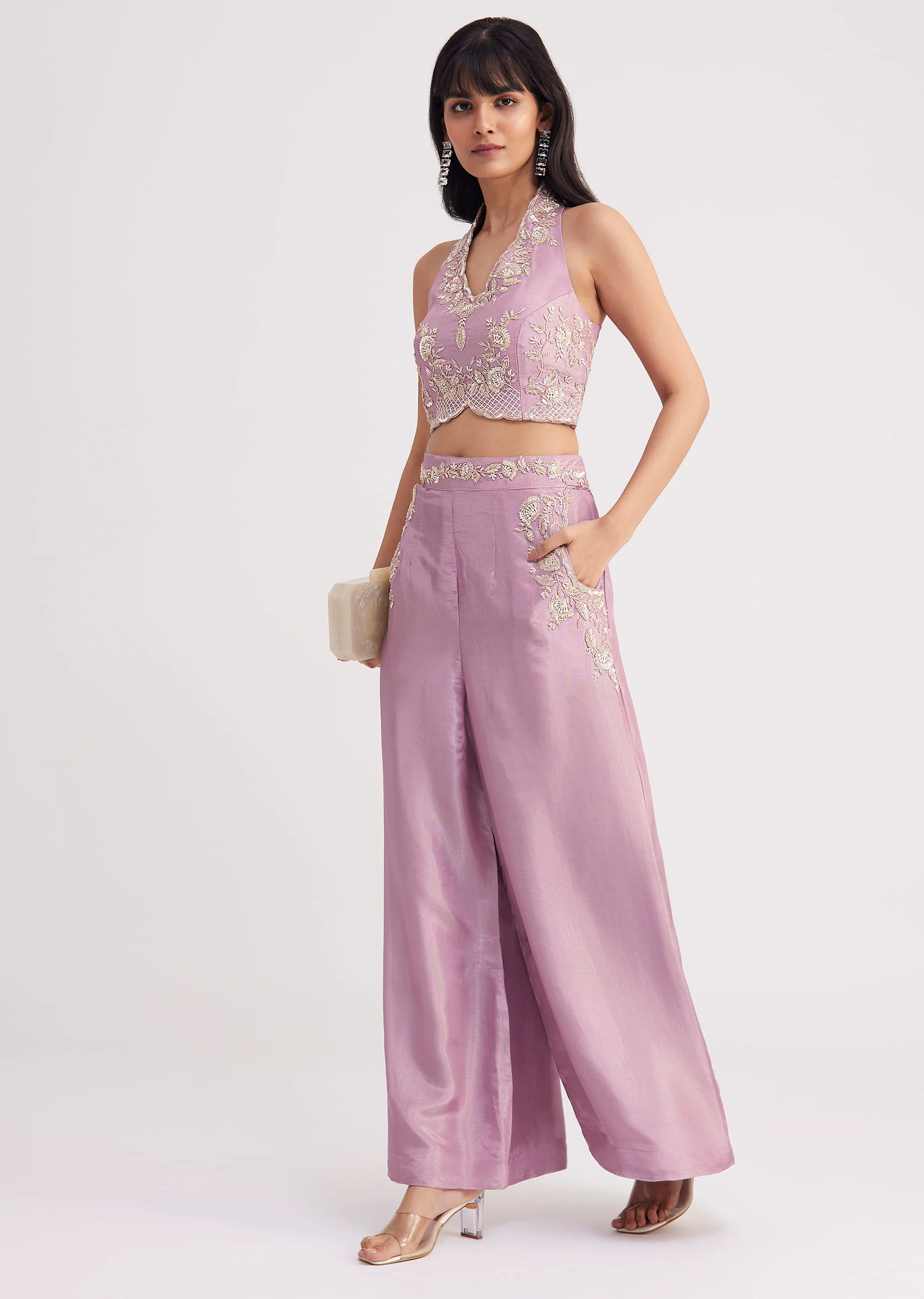 Lavender Tissue Crop Top And Palazzo Set