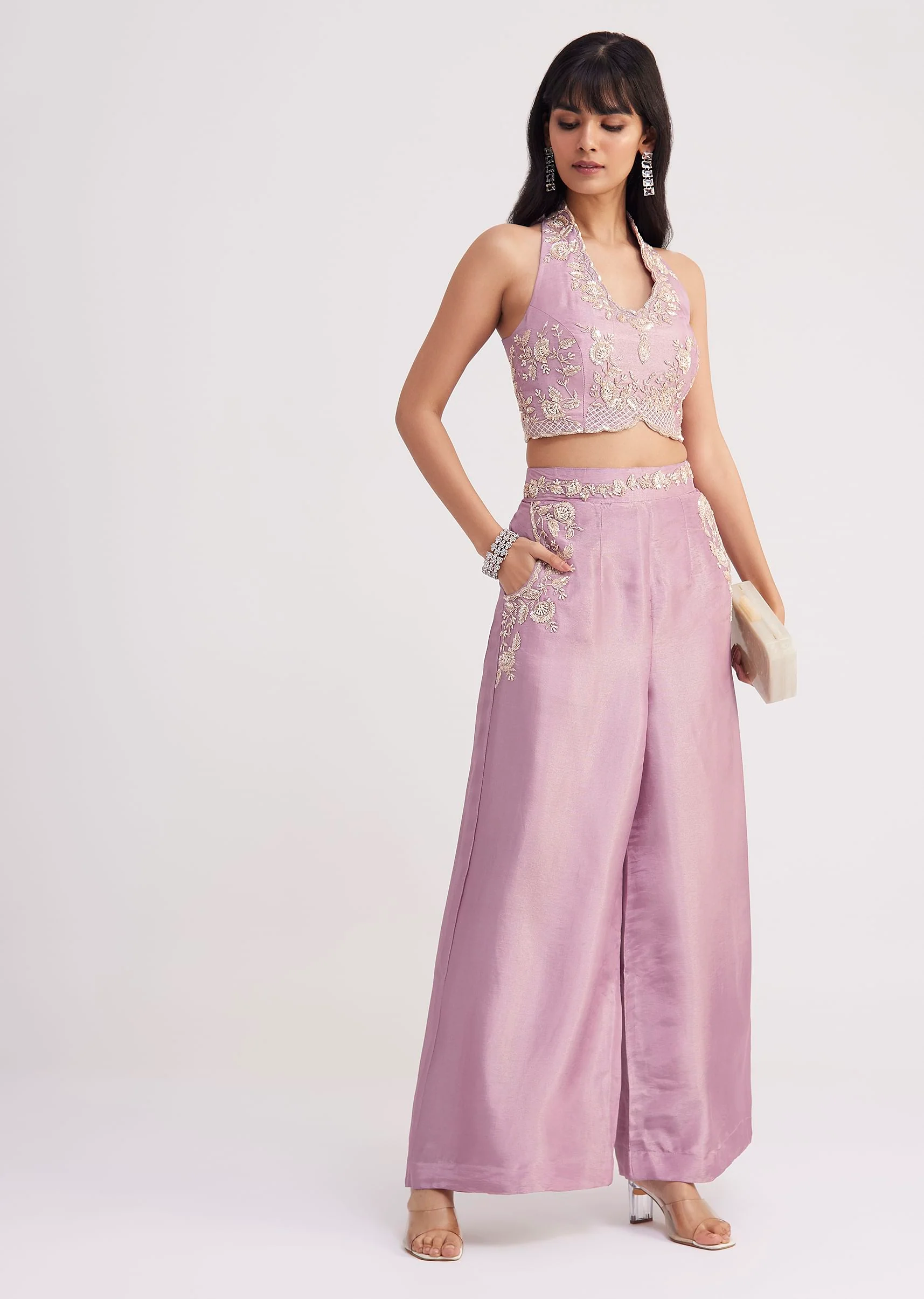 Lavender Tissue Crop Top And Palazzo Set - Image 3