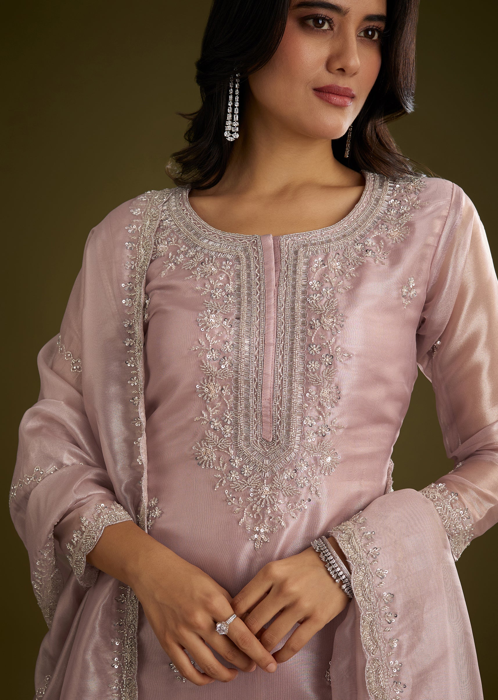 Lavender Tissue Cut Dana Beads Kurta Set With Embroidered Dupatta - Image 2