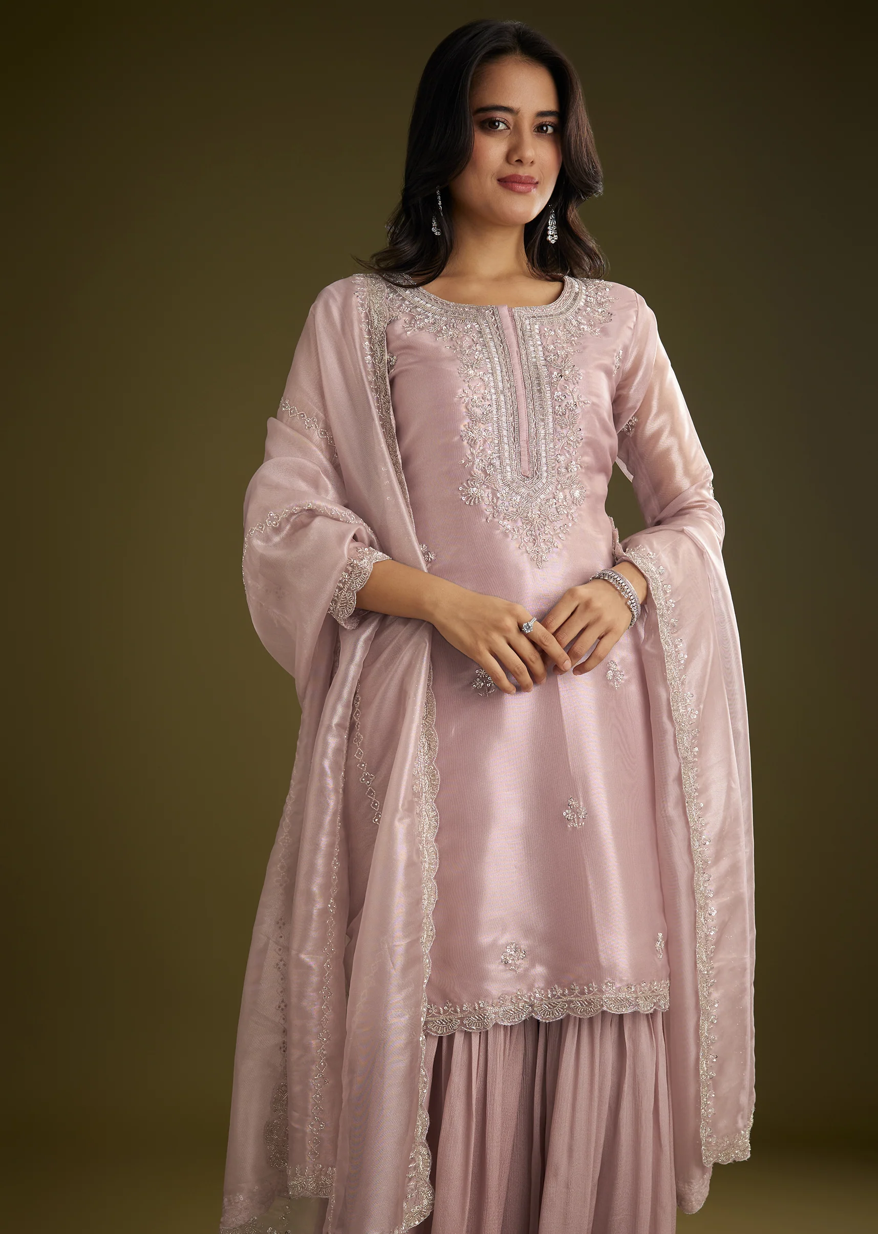 Lavender Tissue Cut Dana Beads Kurta Set With Embroidered Dupatta - Image 4