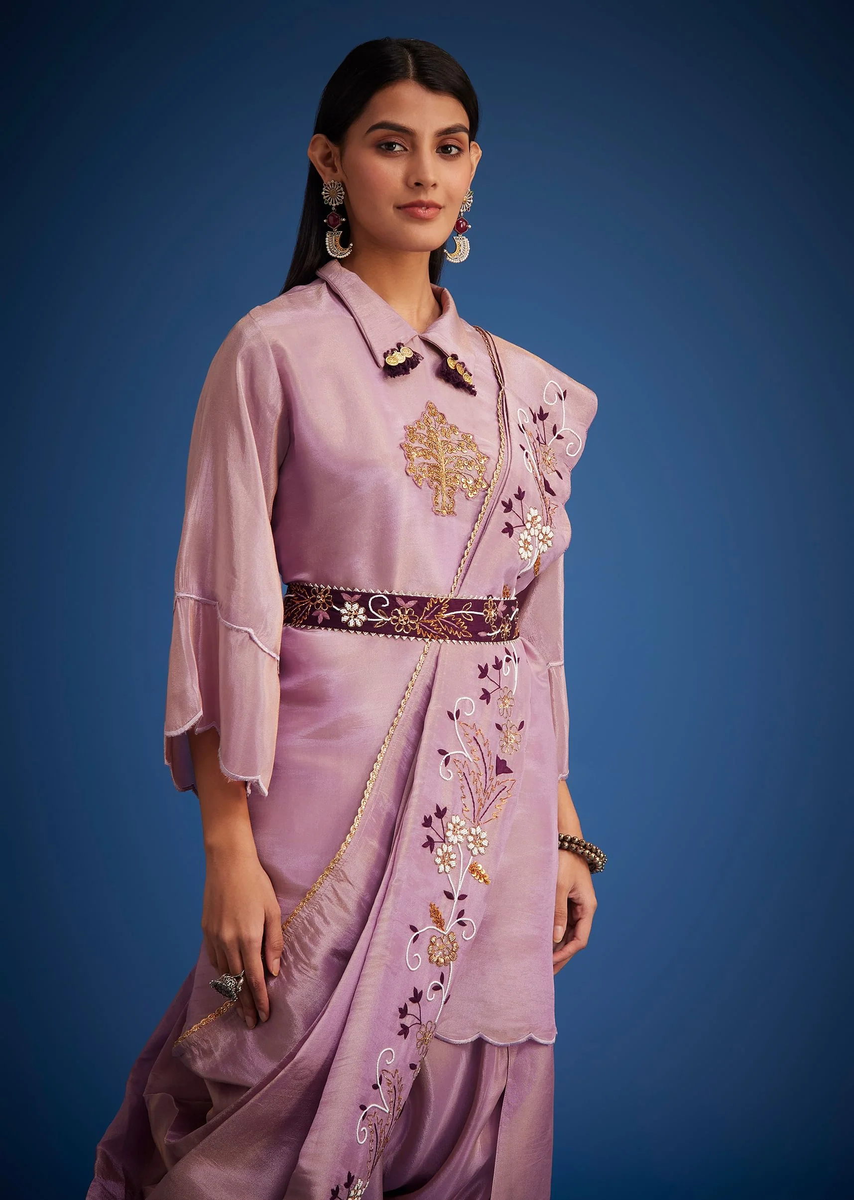 Lavender Tissue Embroidered Dhoti Set - Image 4