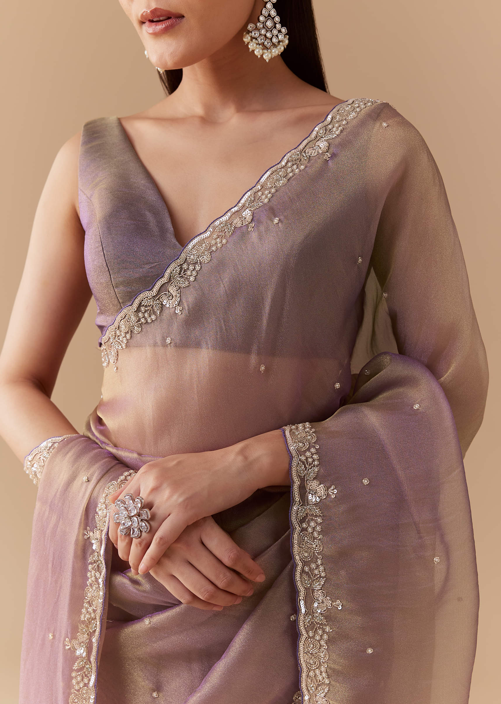 Lavender Tissue Embroidered Saree with Unstitched Blouse - Image 2