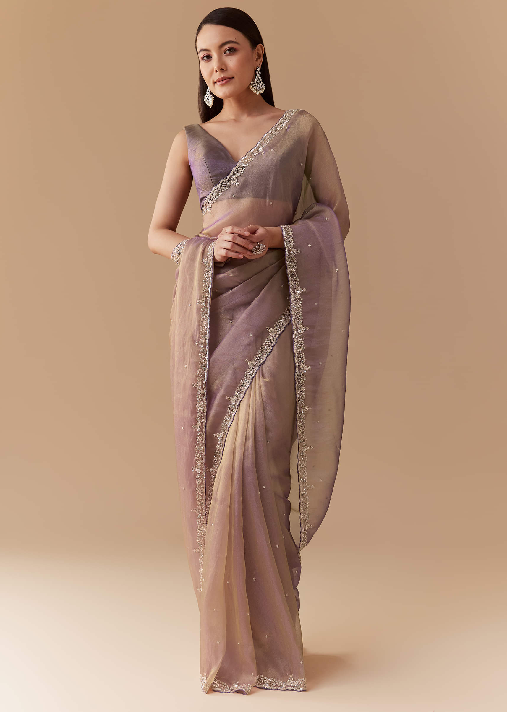 Lavender Tissue Embroidered Saree with Unstitched Blouse - Image 3