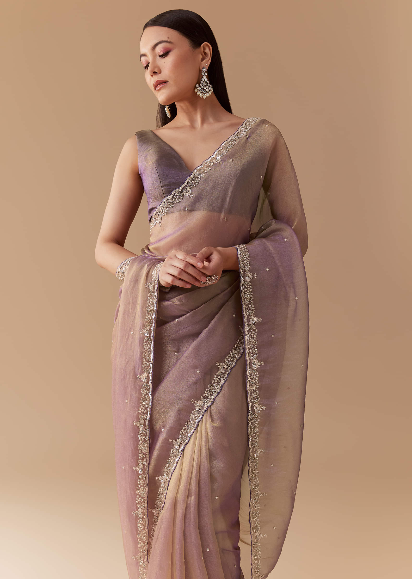 Lavender Tissue Embroidered Saree with Unstitched Blouse - Image 5