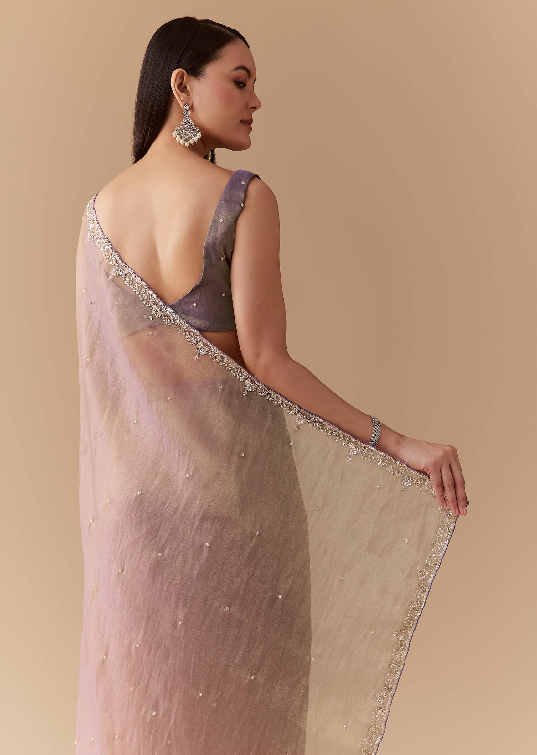 Lavender Tissue Embroidered Saree with Unstitched Blouse - Image 6