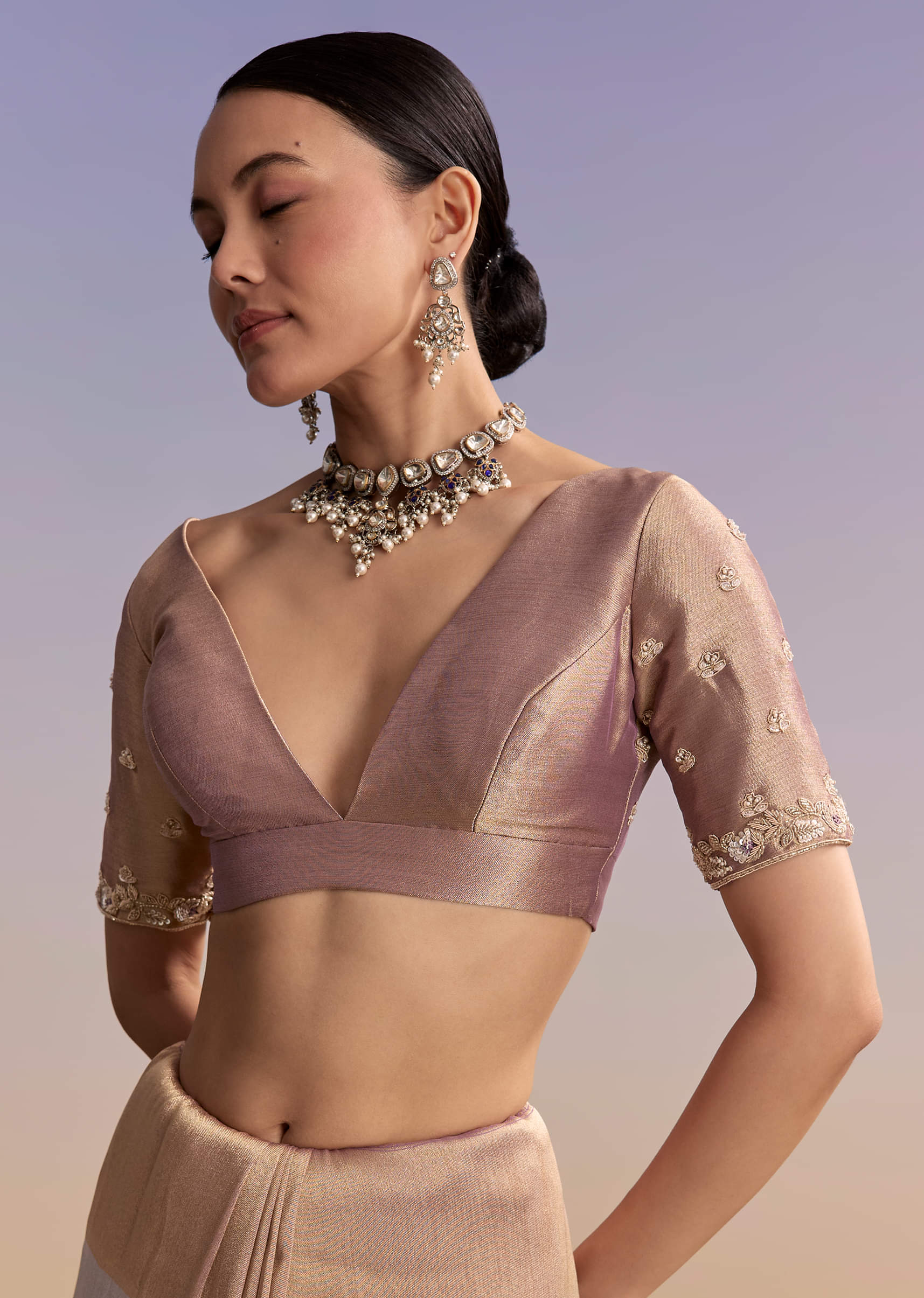 Lavender Tissue Embroidered Saree With Zari Border And Bead Work - Image 7