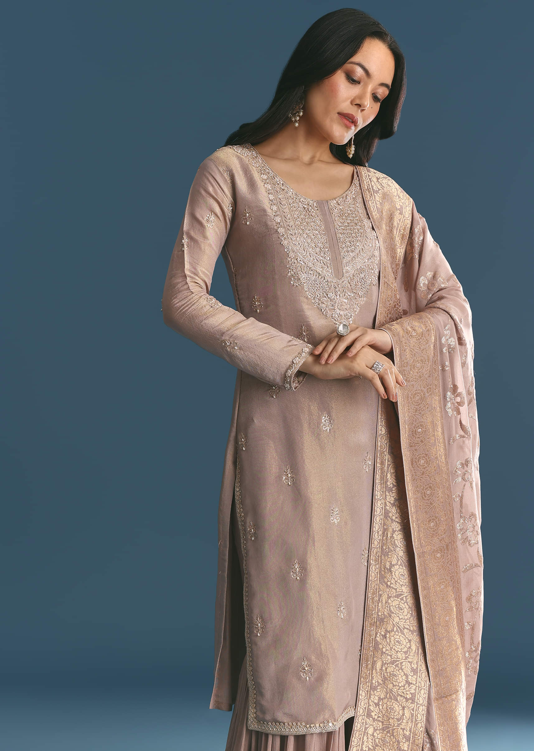 Lavender Tissue Kurta Sharara Suit With Moti And Cutdana Work - Image 3