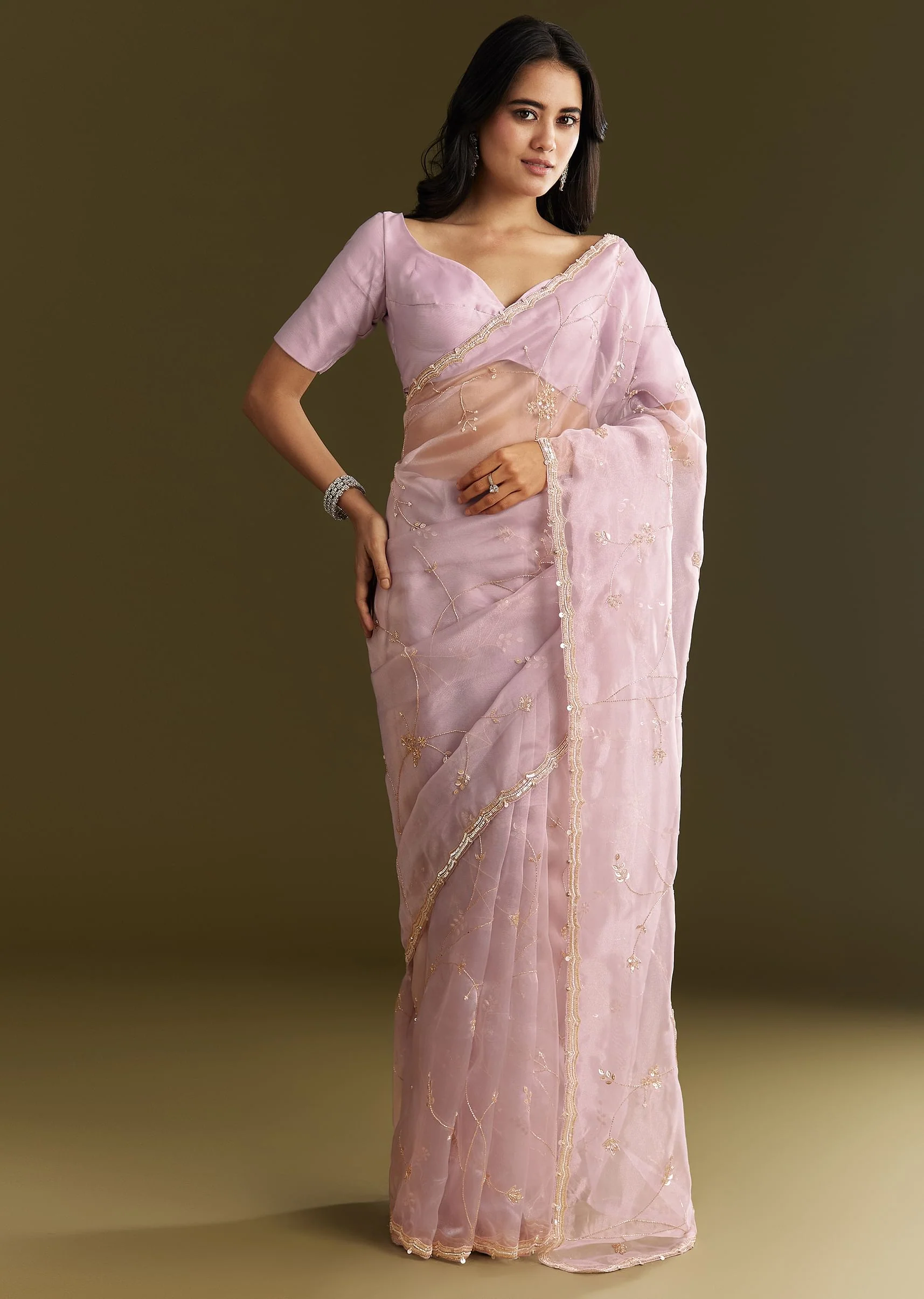 Lavender Tissue Saree With Cutdana And Sequins Embroidery And Scallop Border