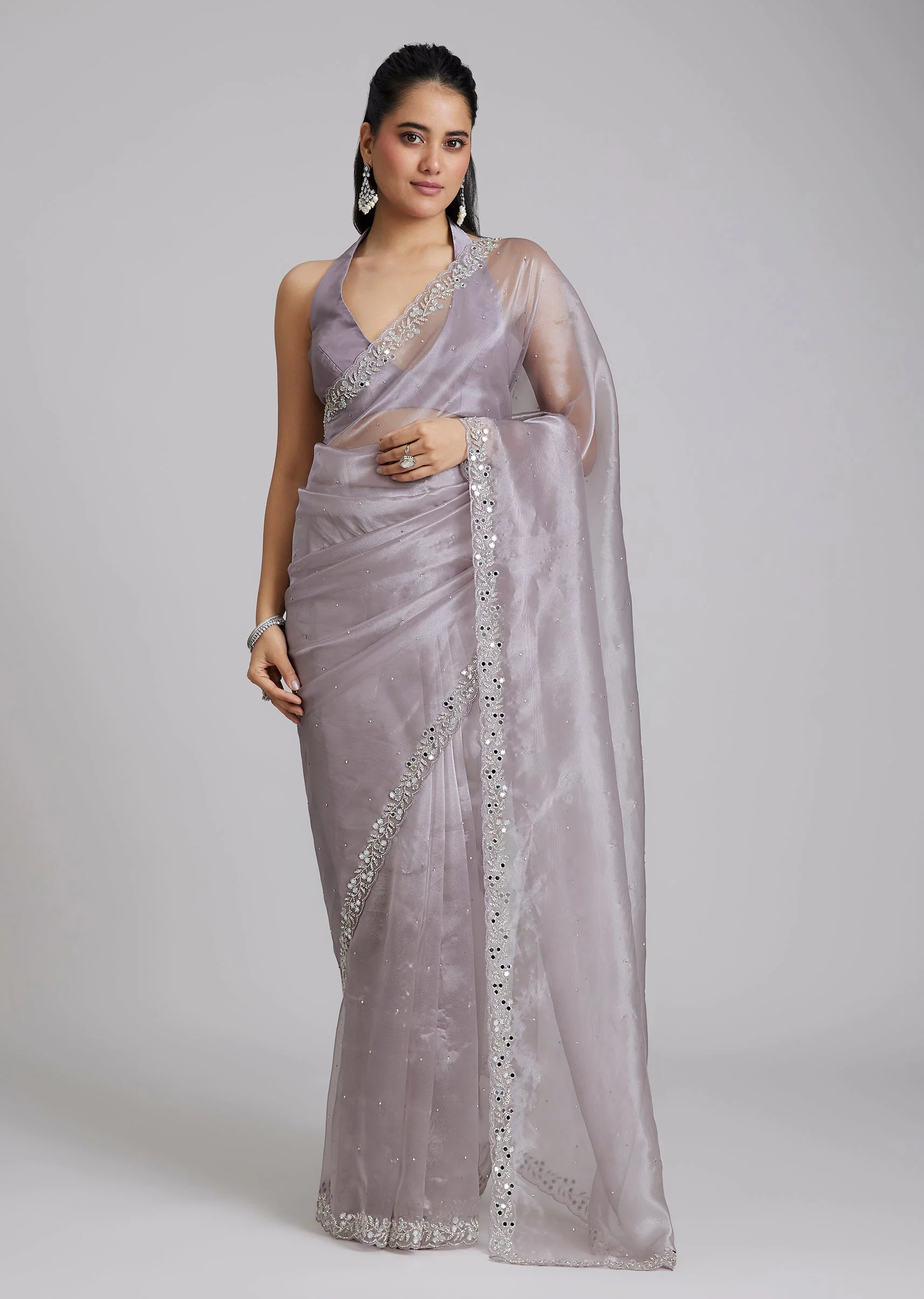 Lavender Tissue Saree With Cutdana Scallop Border