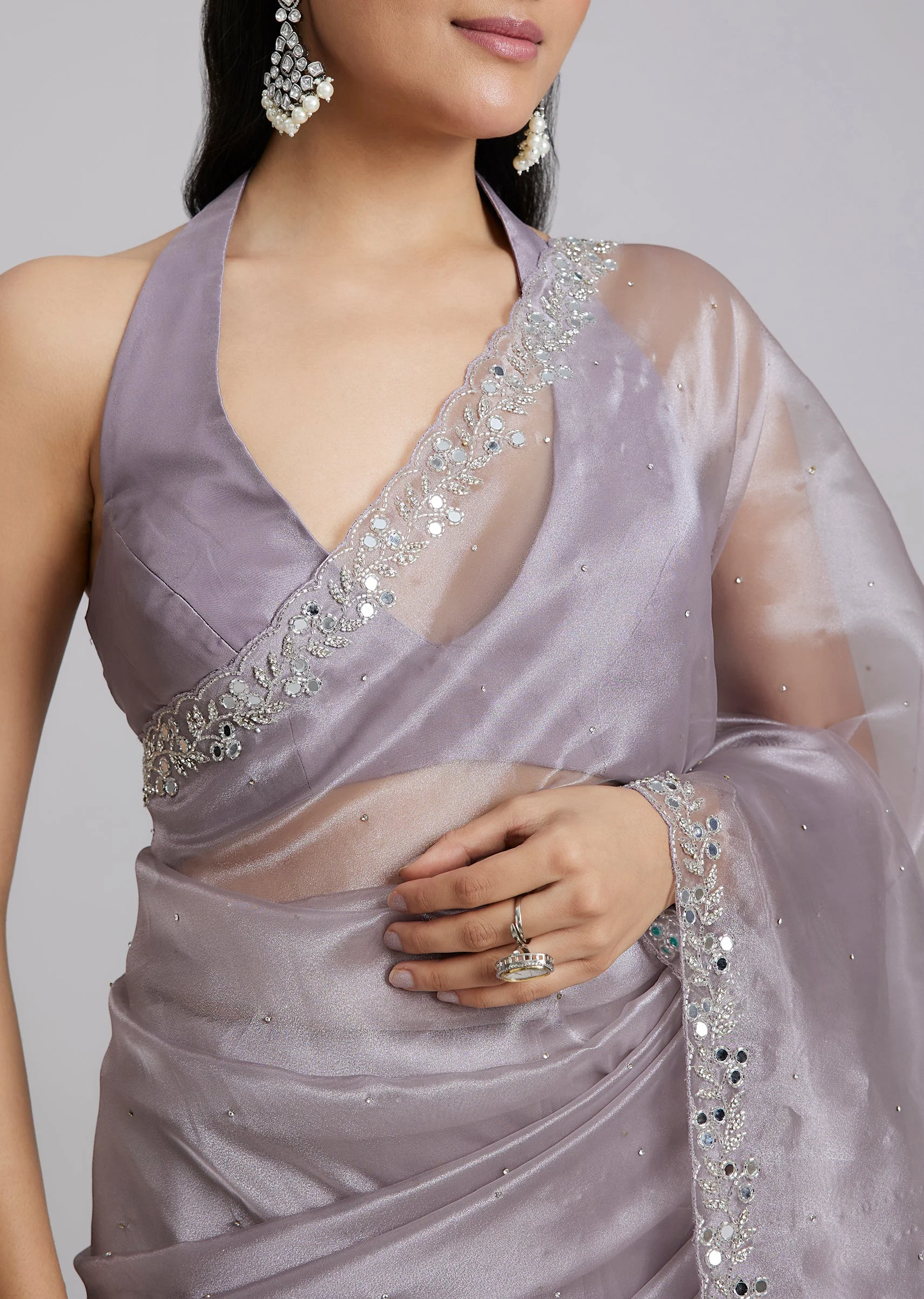 Lavender Tissue Saree With Cutdana Scallop Border - Image 2