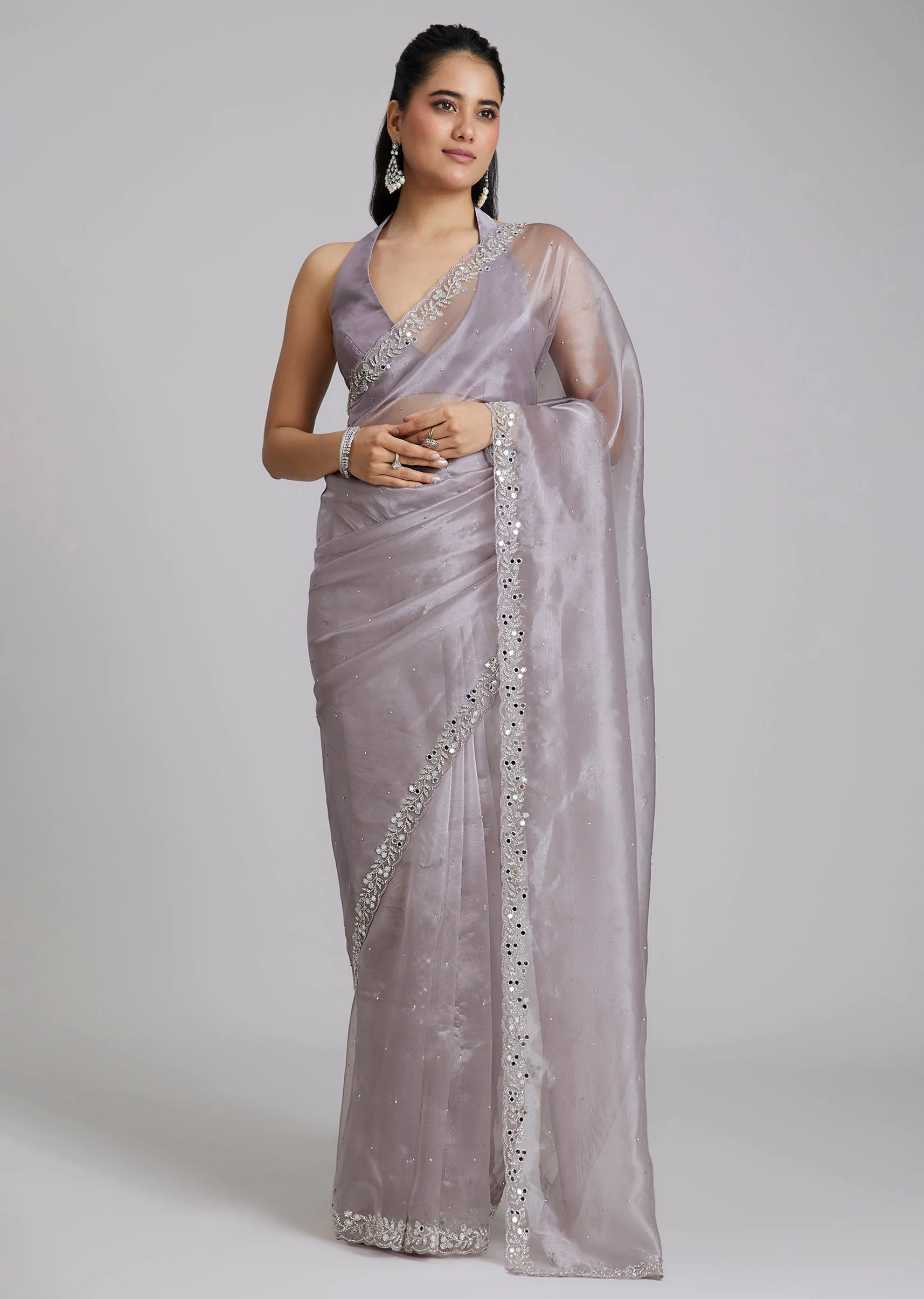 Lavender Tissue Saree With Cutdana Scallop Border - Image 3